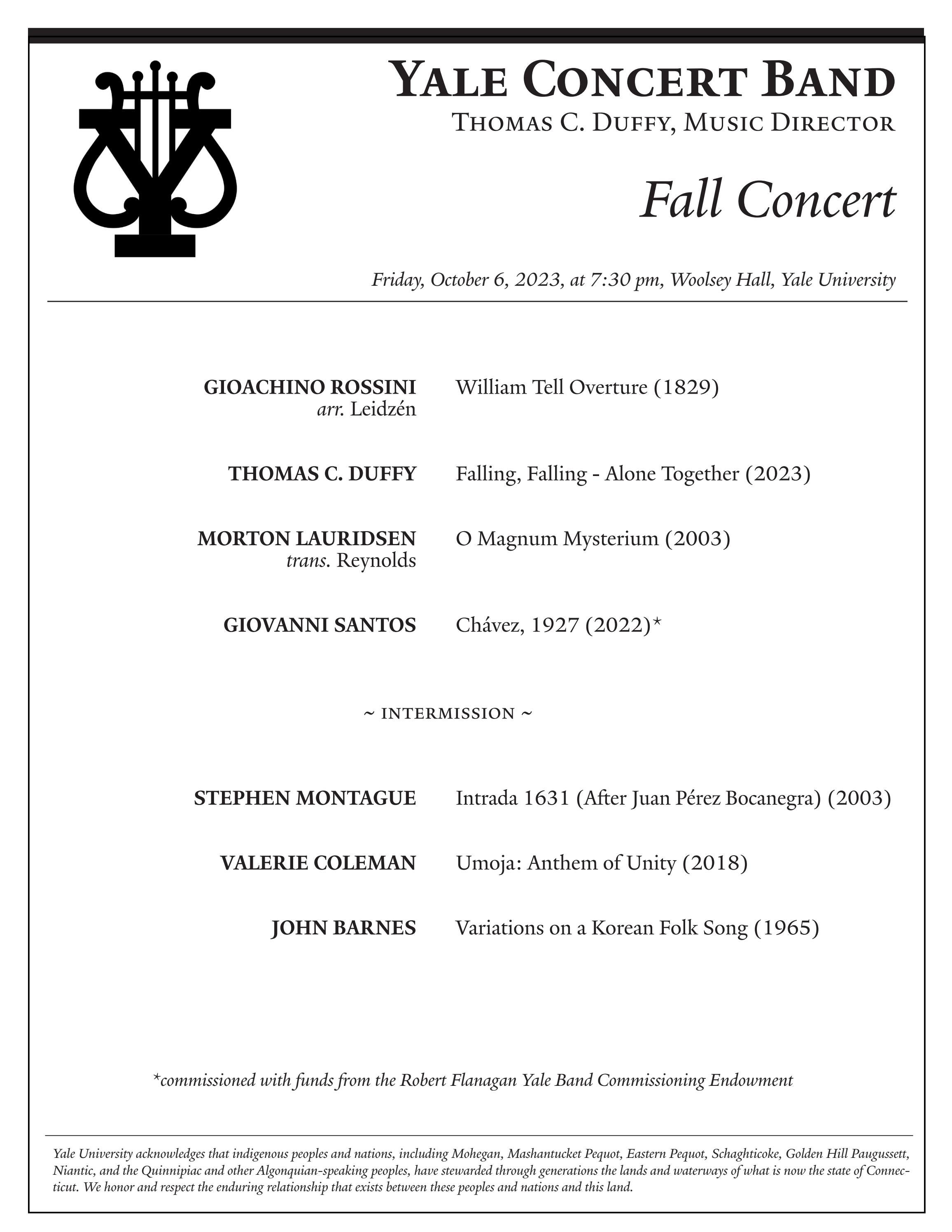 Yale Concert Band Program October 6, 2023, Woolsey Hall, New Haven