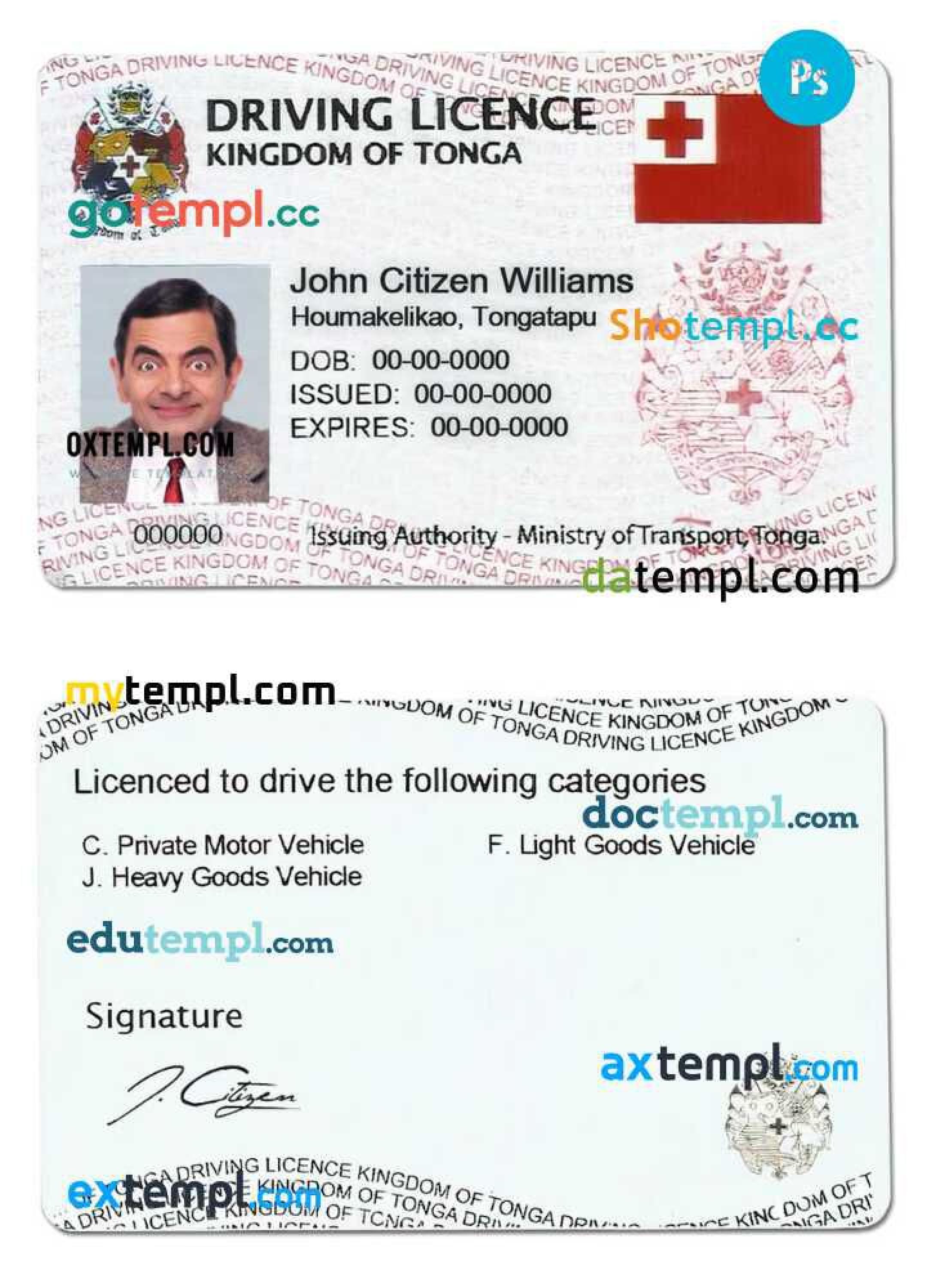 Tonga driver’s permit template in PSD format, fully editable by