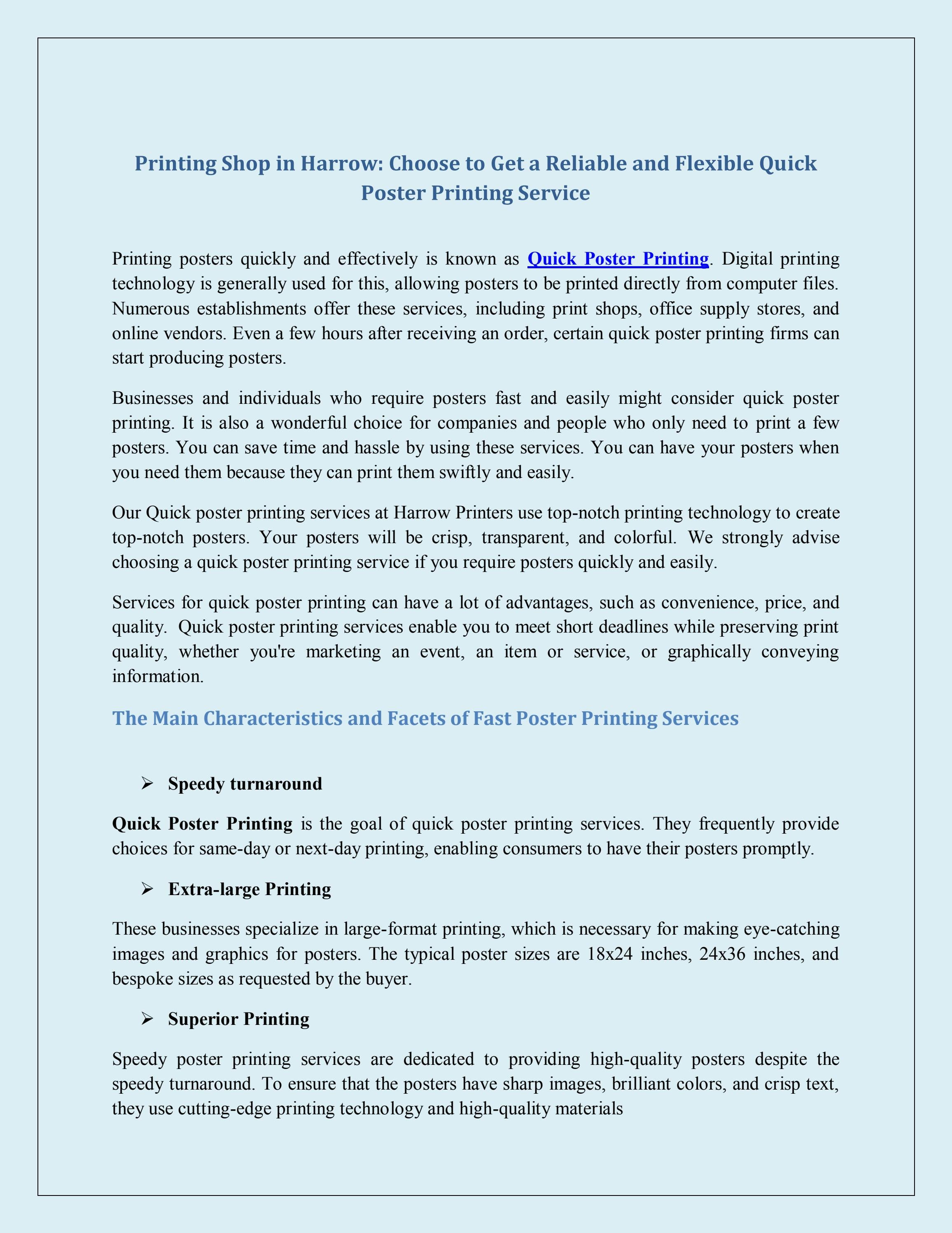 Printing Shop in Harrow Choose to Get a Reliable and Flexible Quick