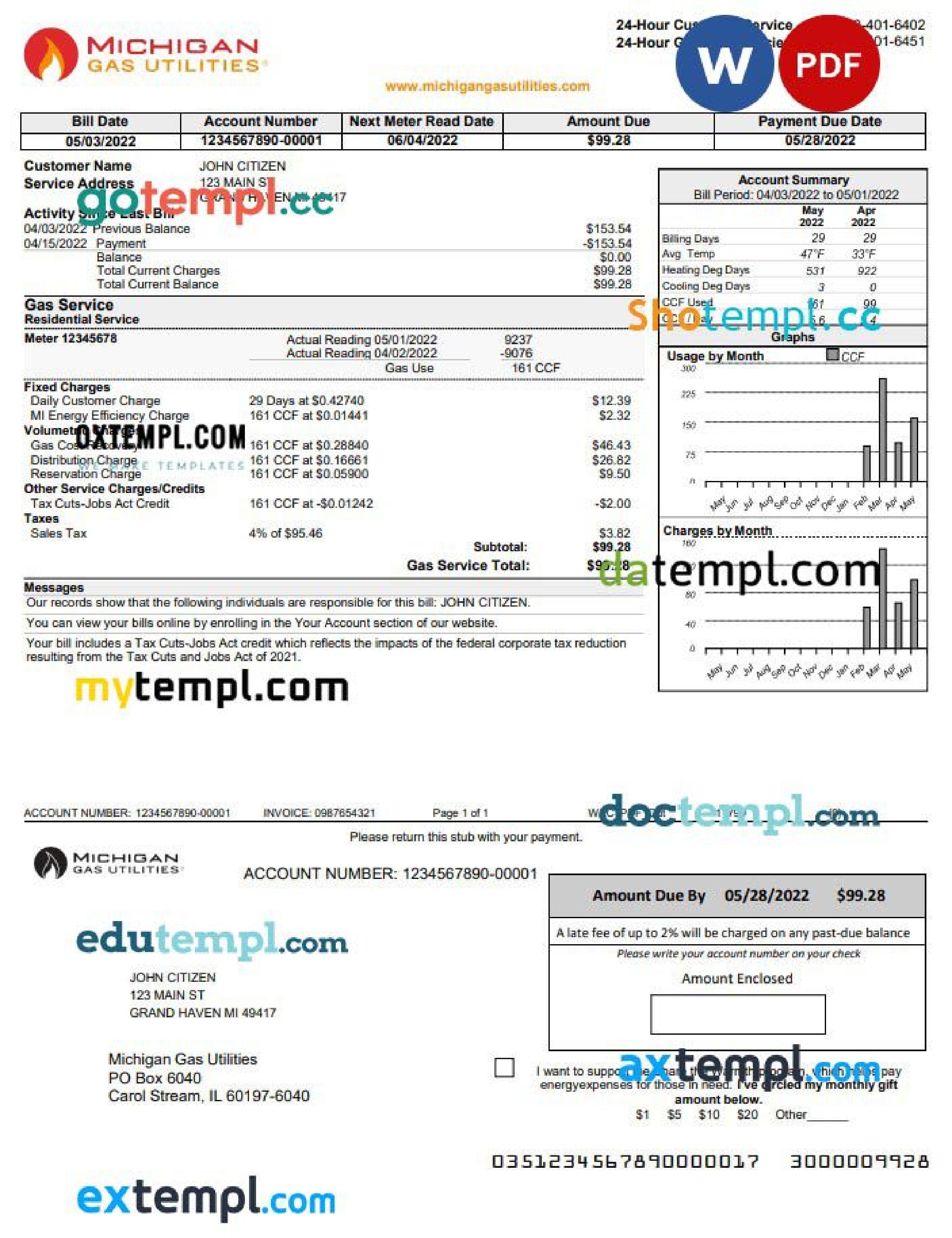 USA Michigan gas Utilities utility bill template in Word and PDF format