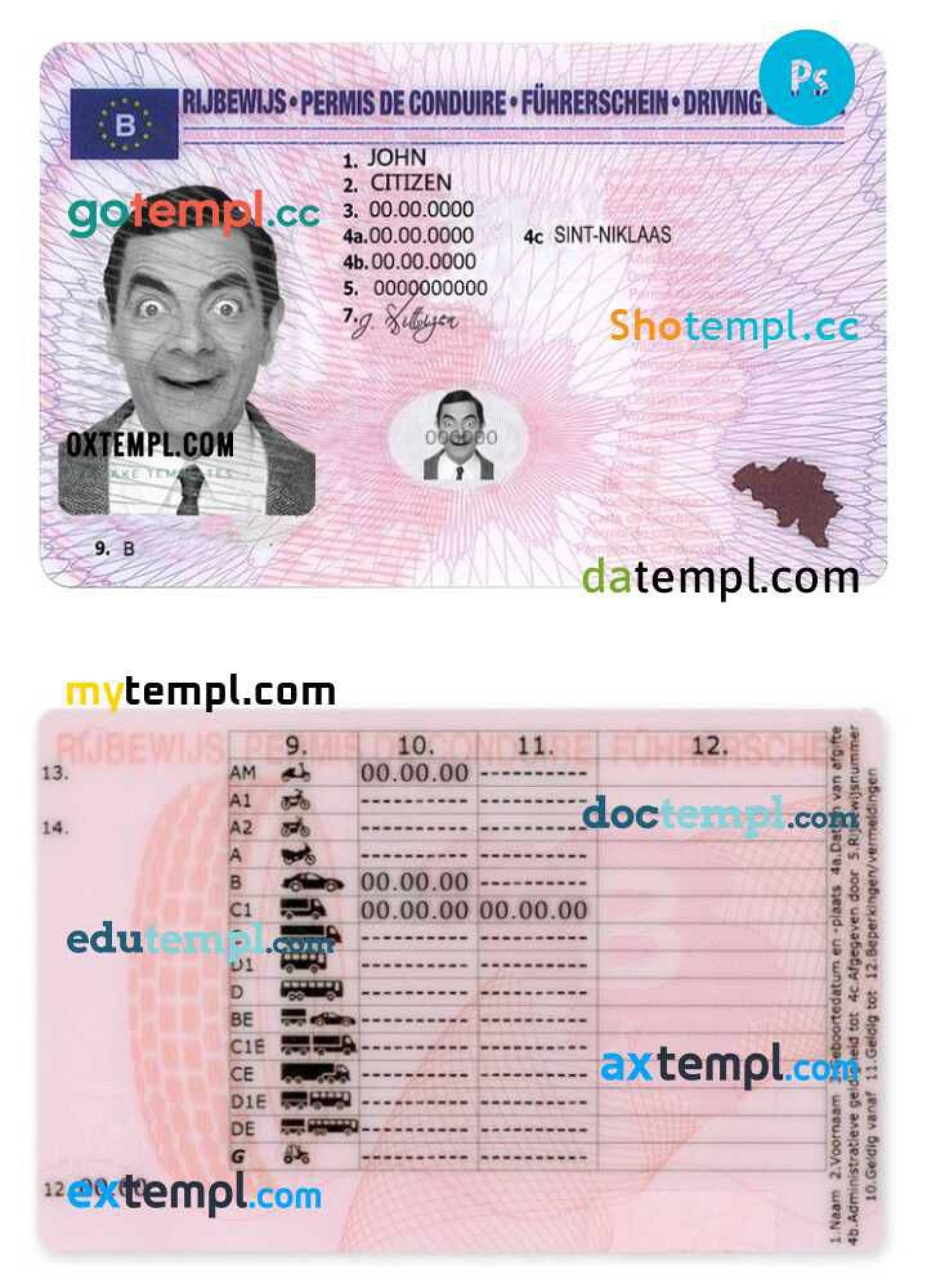 Belgian driver license download example in PSD format by docsdrivings