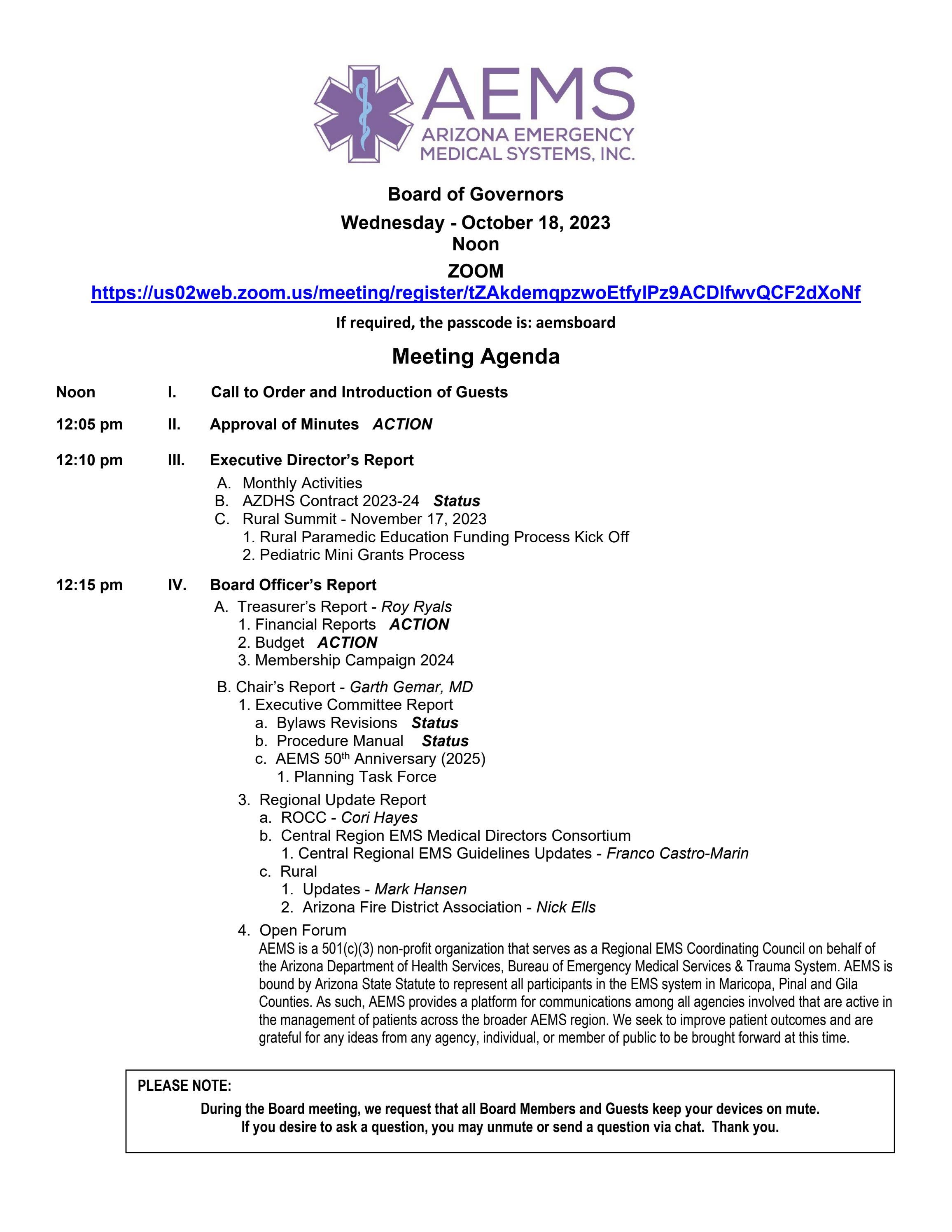 AEMS Board of Governors Meeting Oct 18, 2023 Agenda and Previous