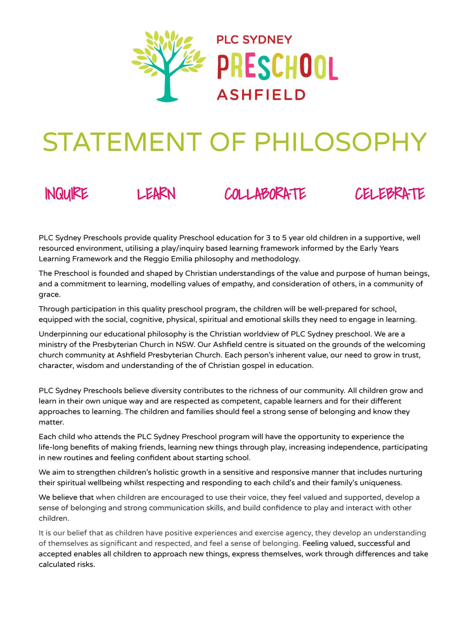 PLC Sydney Preschool Ashfield Educational Philosophy by PLC Sydney - Issuu