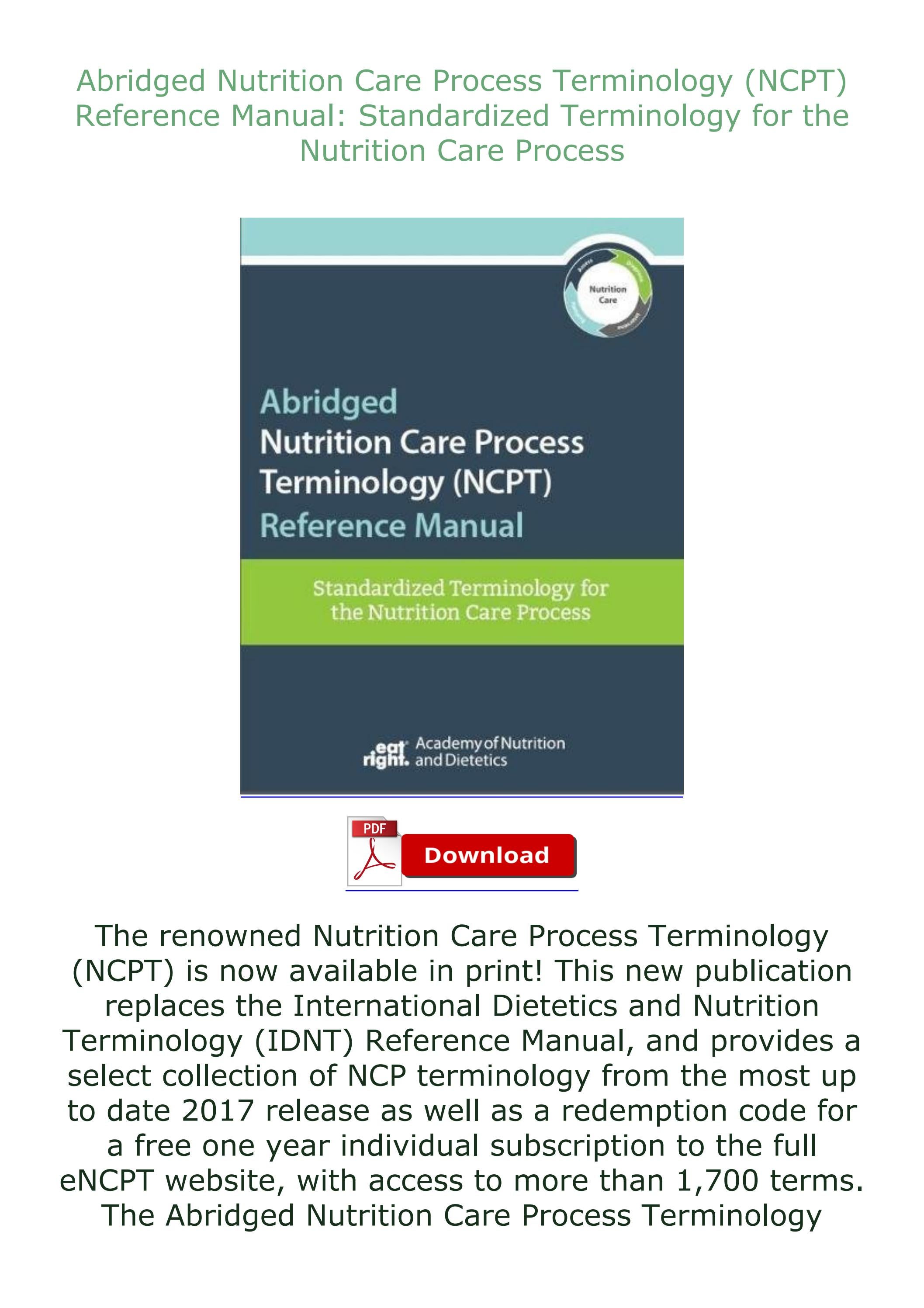 PDF Abridged Nutrition Care Process Terminology (NCPT) Reference