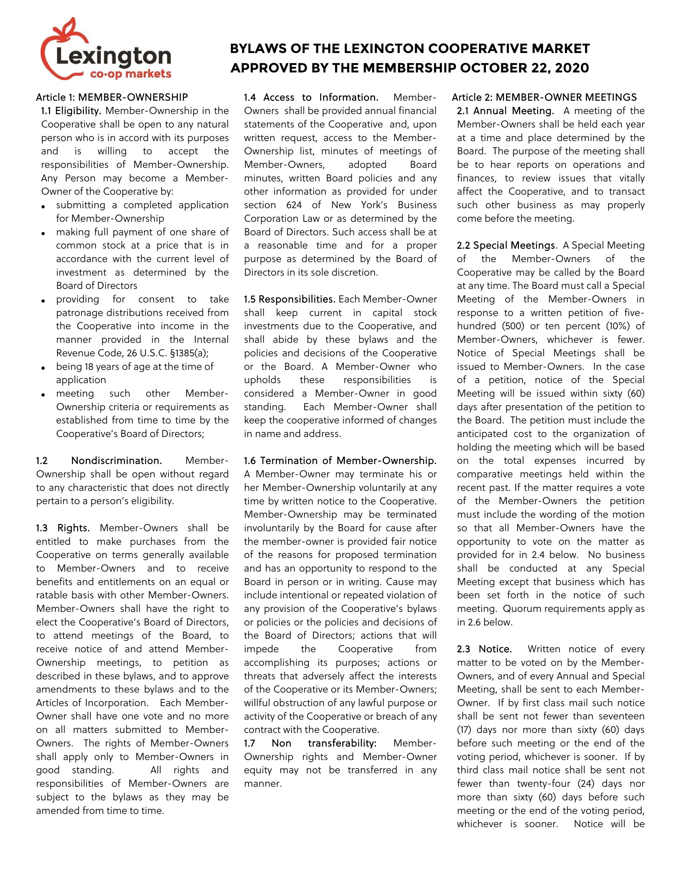 Lexington Coop Bylaws by Lexington Cooperative Market Issuu
