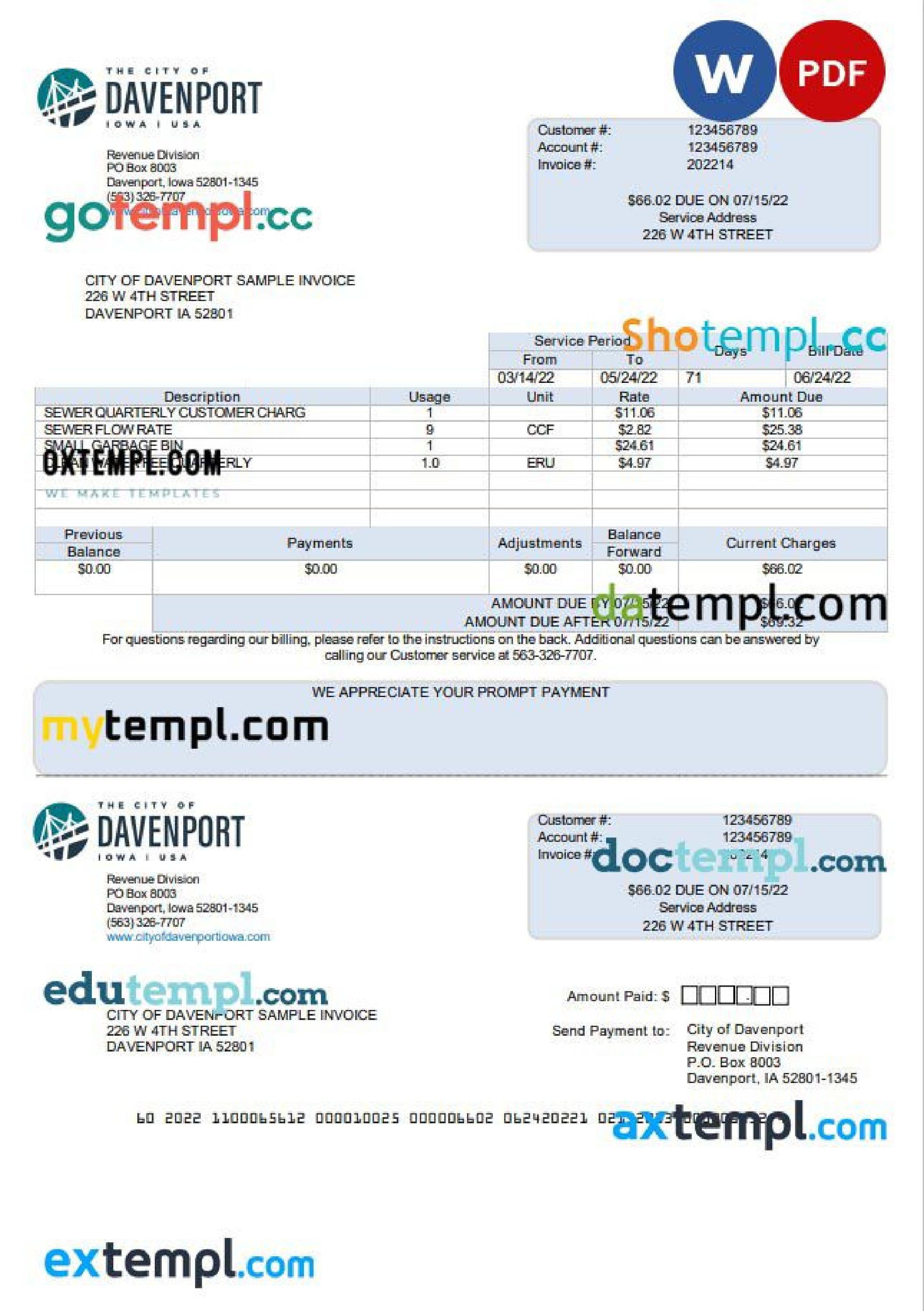USA Iowa City of Davenport utility bill template in Word and PDF format