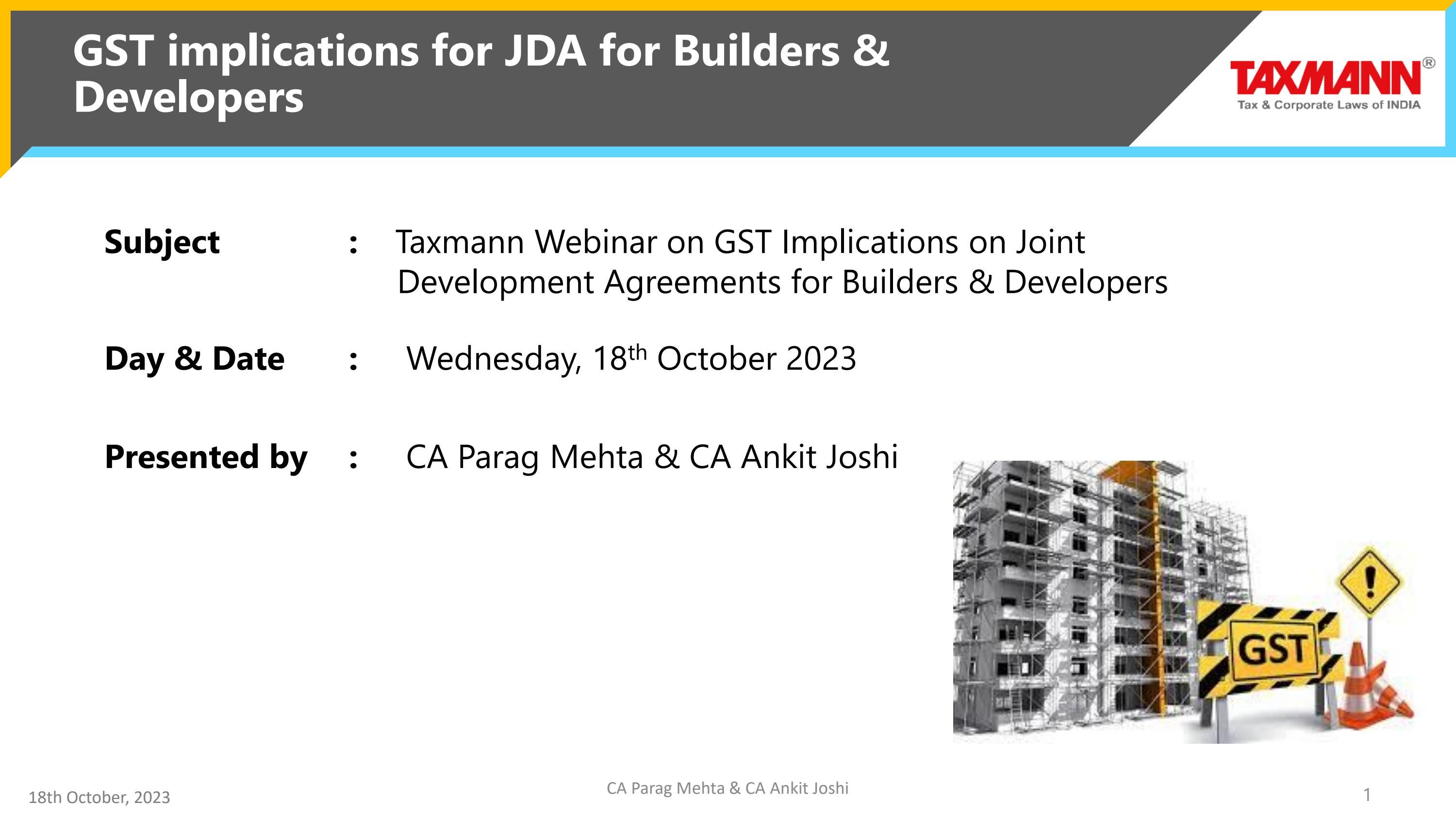 TaxmannPPT GST Implications on Joint Development Agreements for