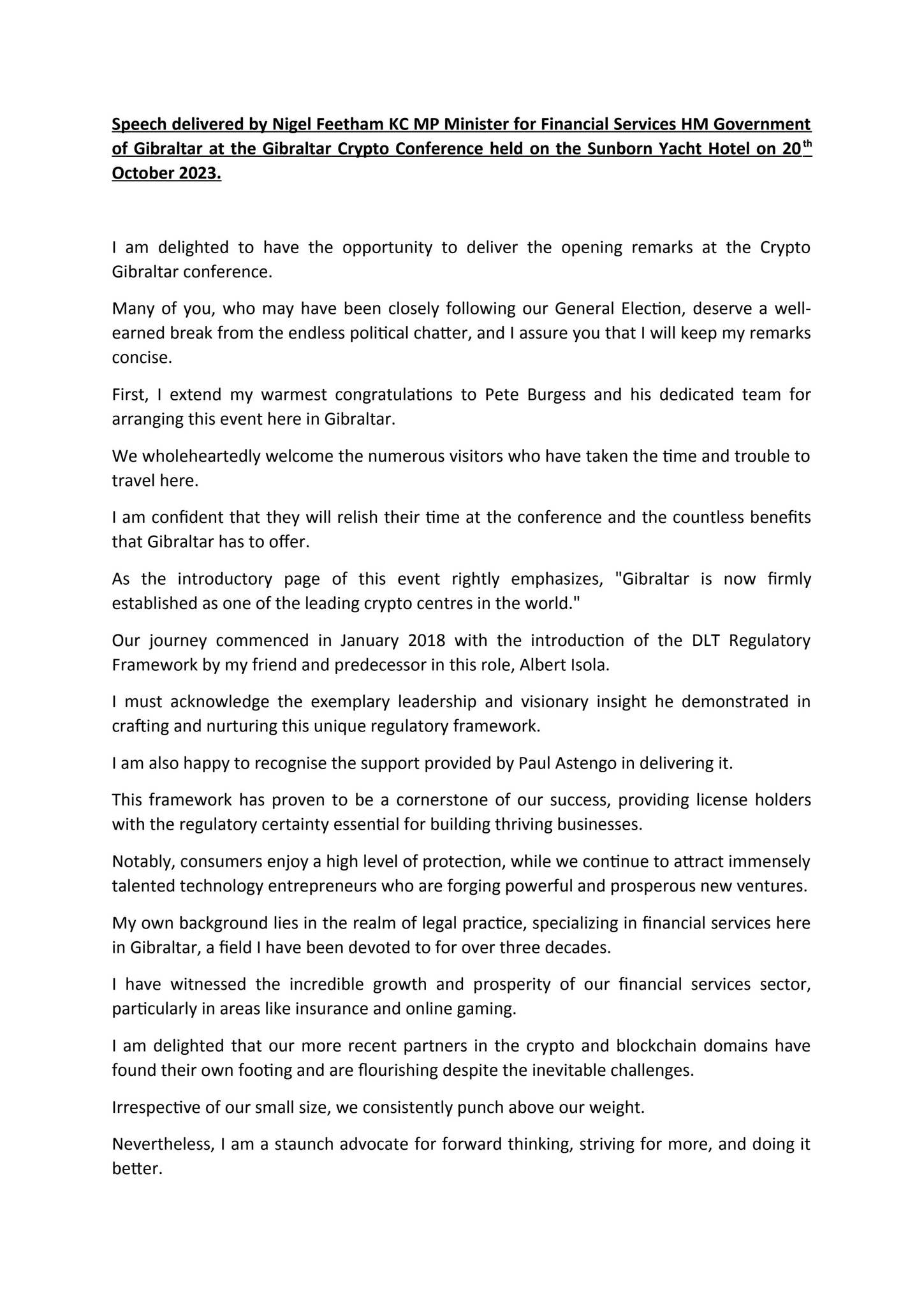 Minister Nigel Feetham KC MP addresses Gibraltar Crypto Conference by  Gibraltar Finance - Issuu