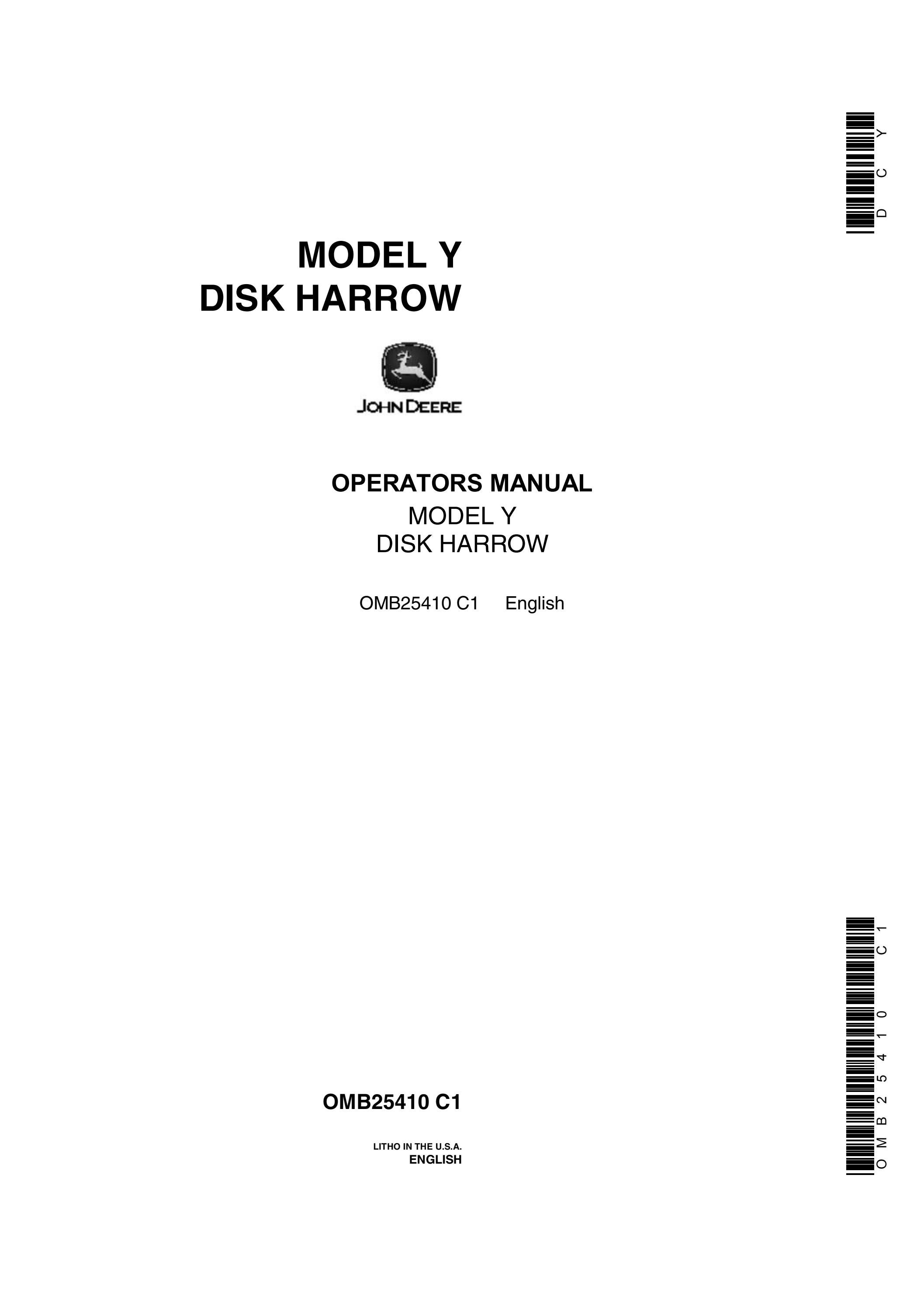 John Deere Model Y Disk Harrow Operator’s Manual Instant Download