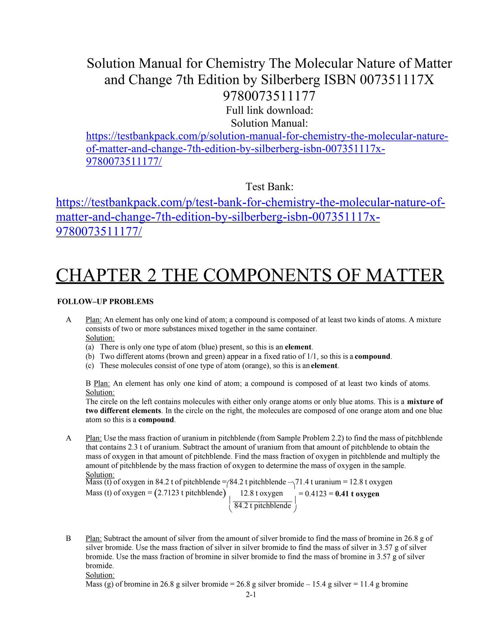 Solution manual for chemistry the molecular nature of matter and change 7th edition by ...