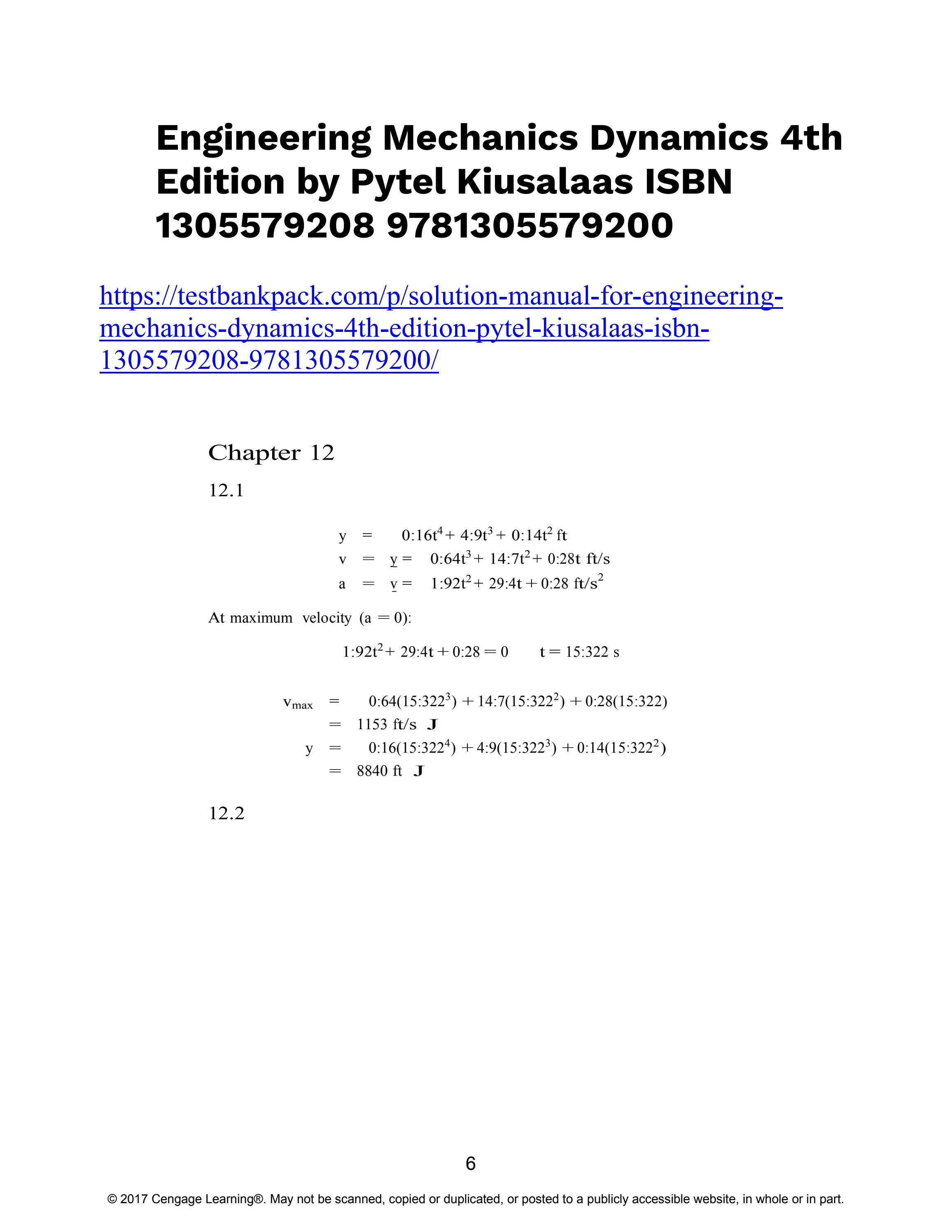 Solution manual for engineering mechanics dynamics 4th edition pytel ...