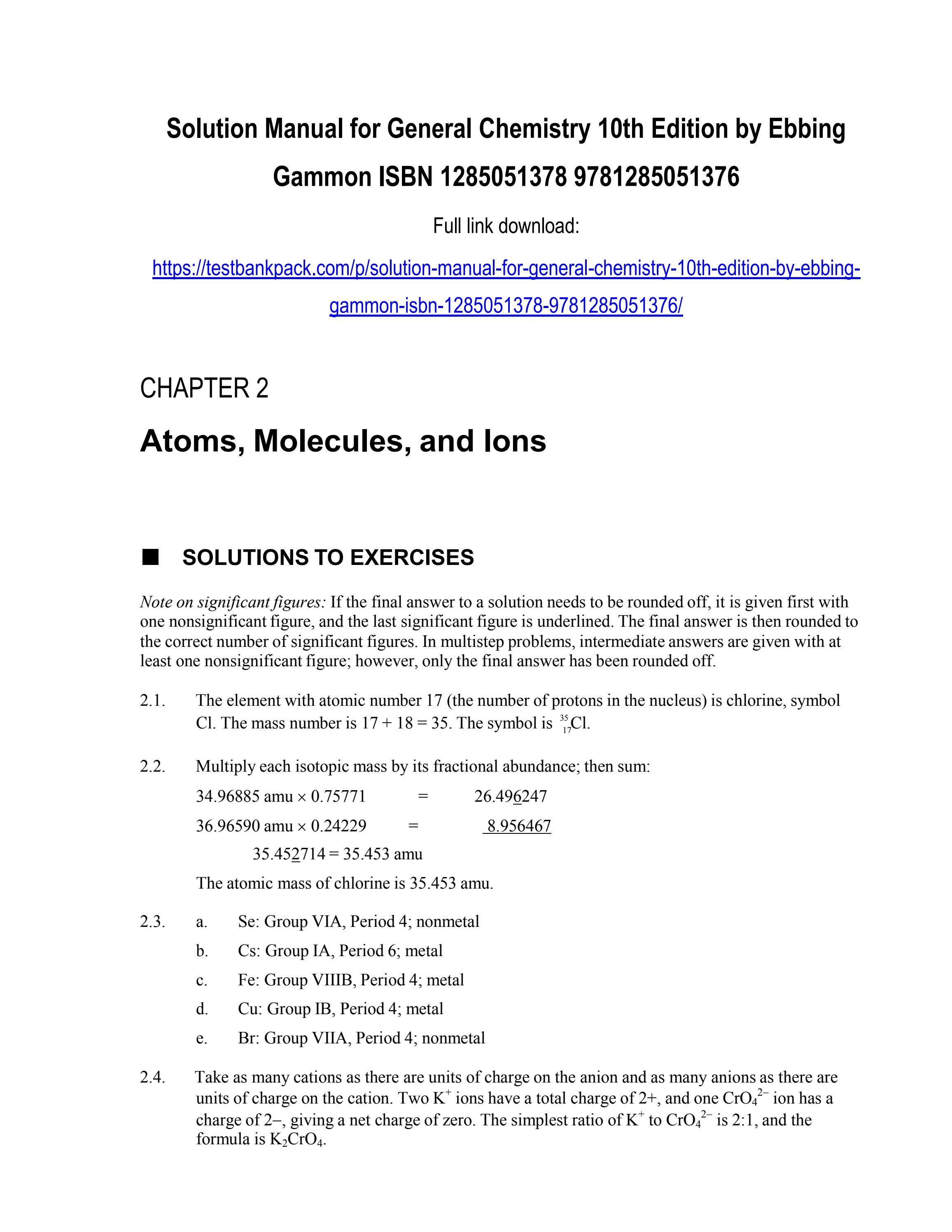 Solution manual for general chemistry 10th edition by ebbing gammon