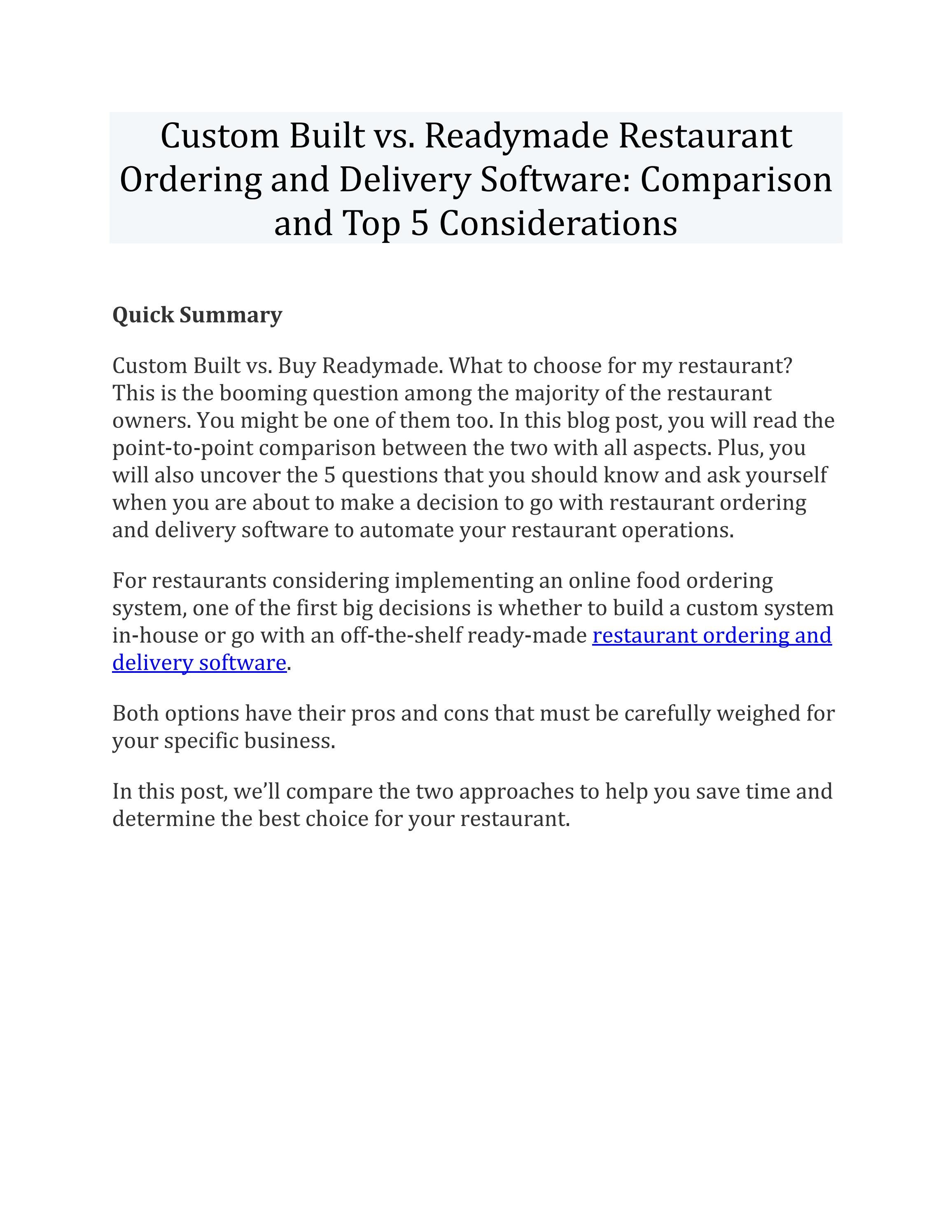 Custom Built vs. Readymade Restaurant Ordering and Delivery Software Comparison and Top 5