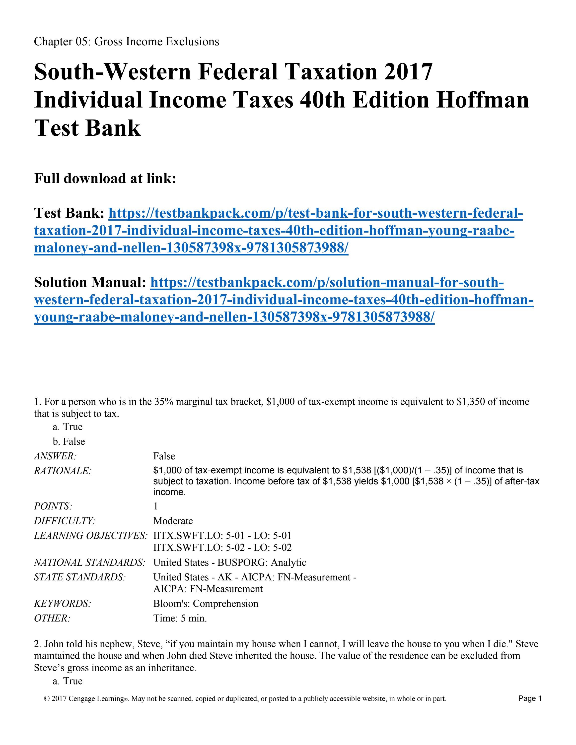 South western federal taxation 2017 individual taxes 40th
