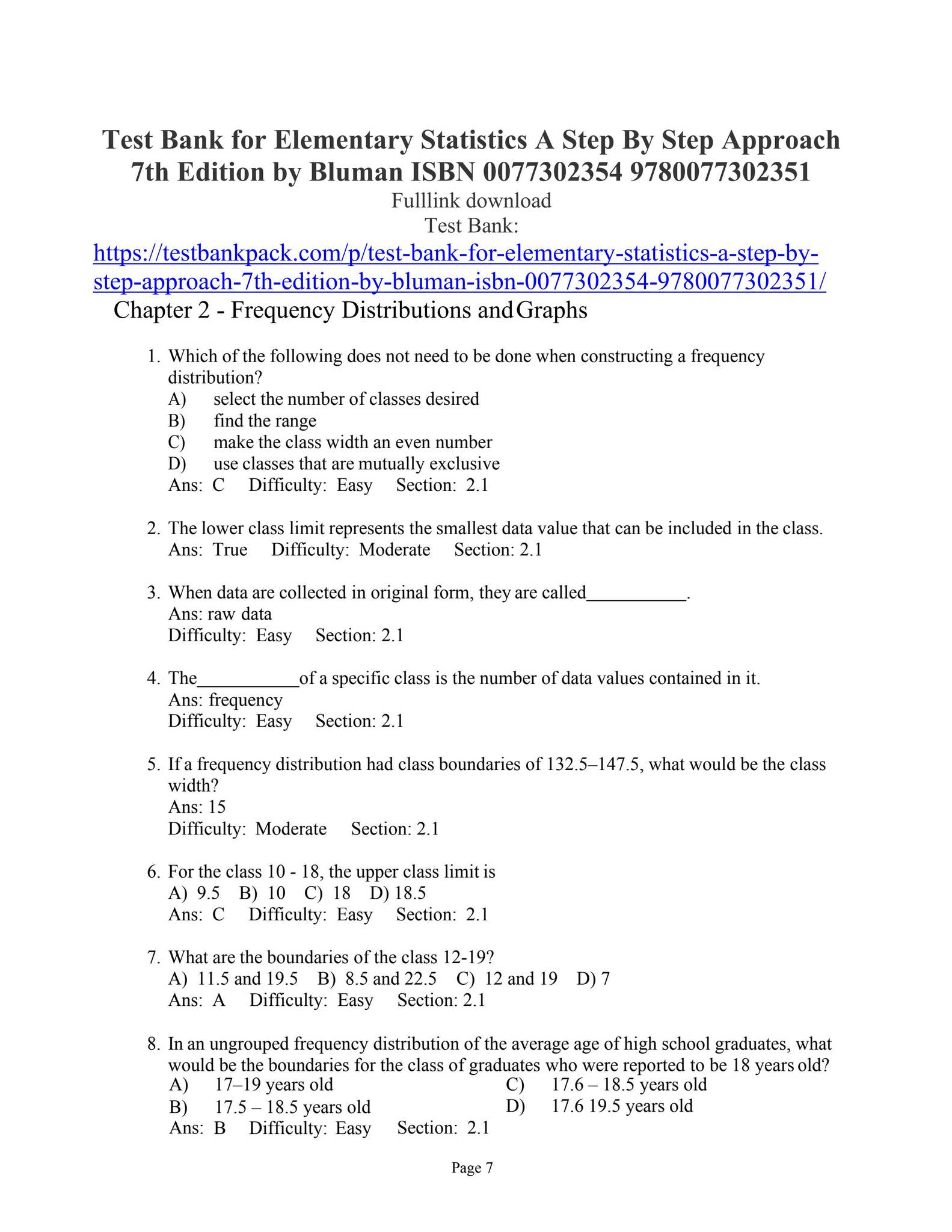 Test bank for elementary statistics a step by step approach 7th edition ...