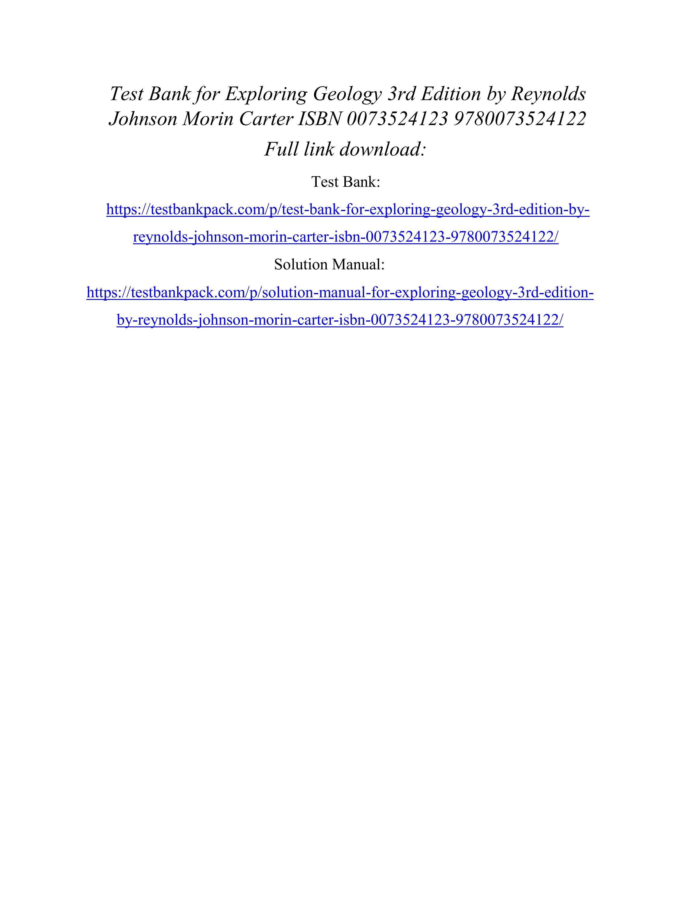 Test bank for exploring geology 3rd edition by reynolds johnson morin