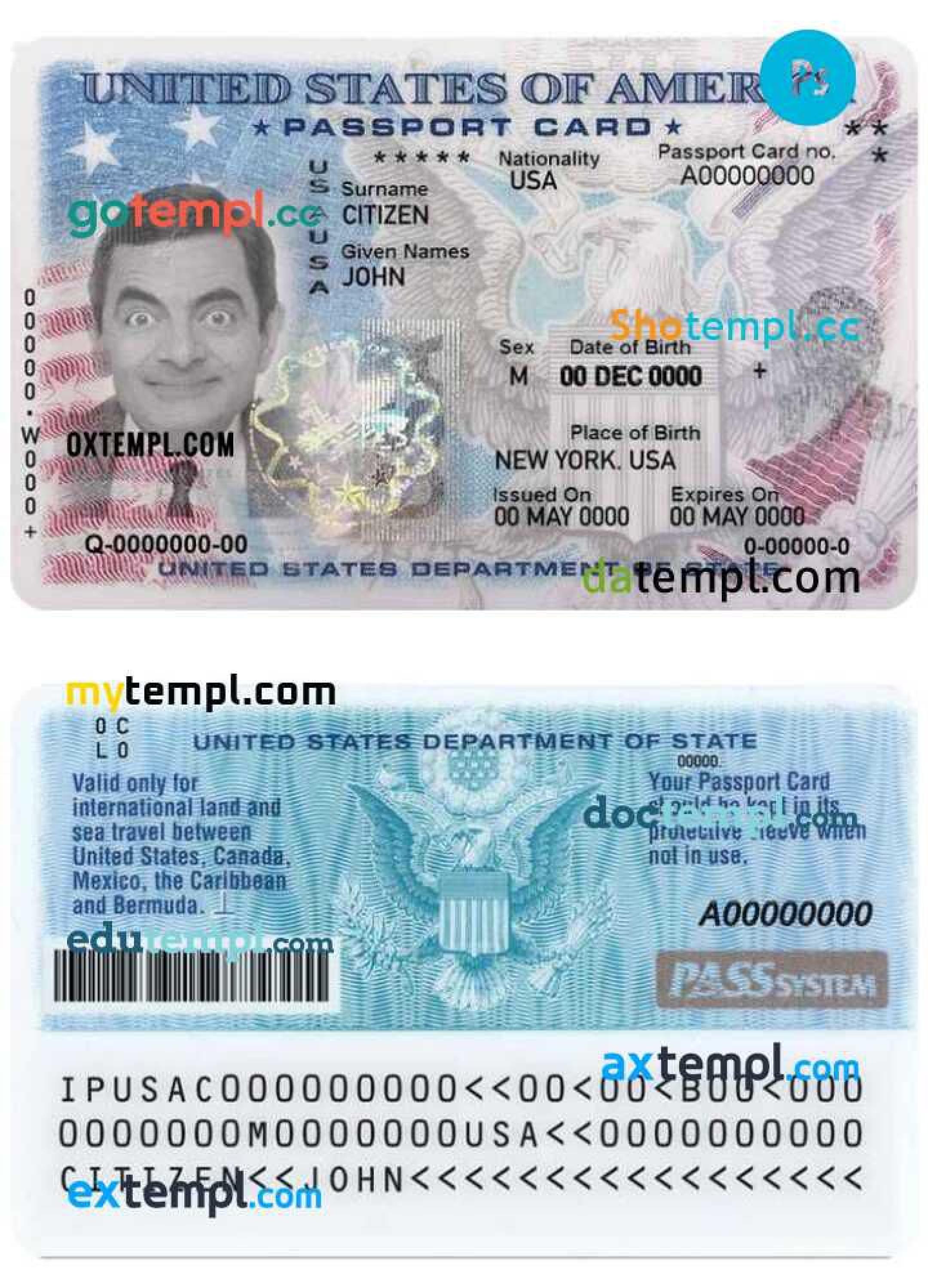 USA passport ID card PSD template, fully editable, version 2 by