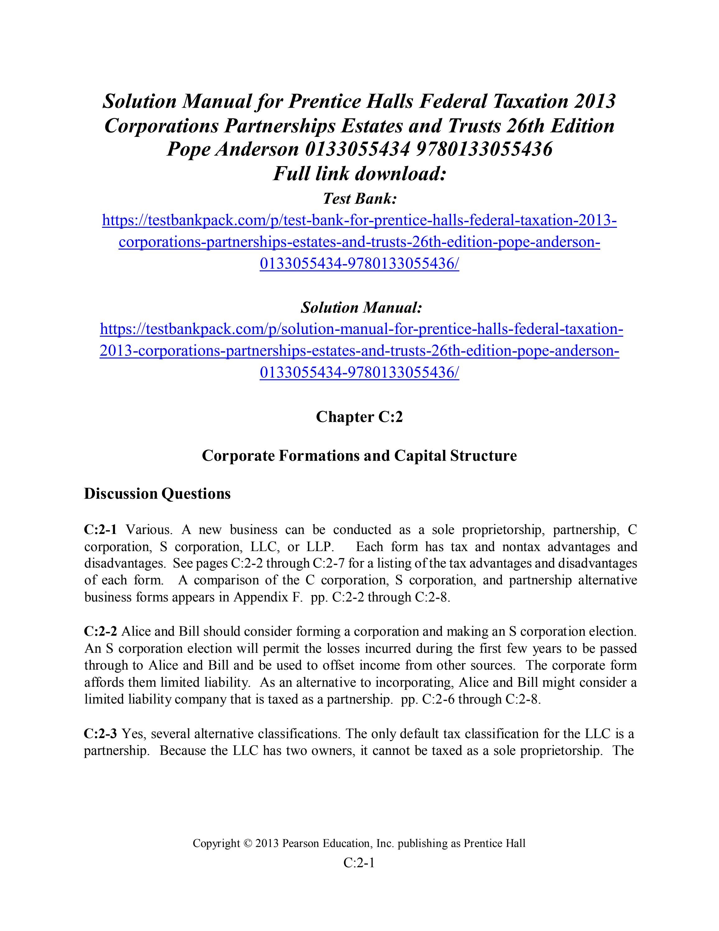 Solution manual for prentice halls federal taxation 2013 corporations