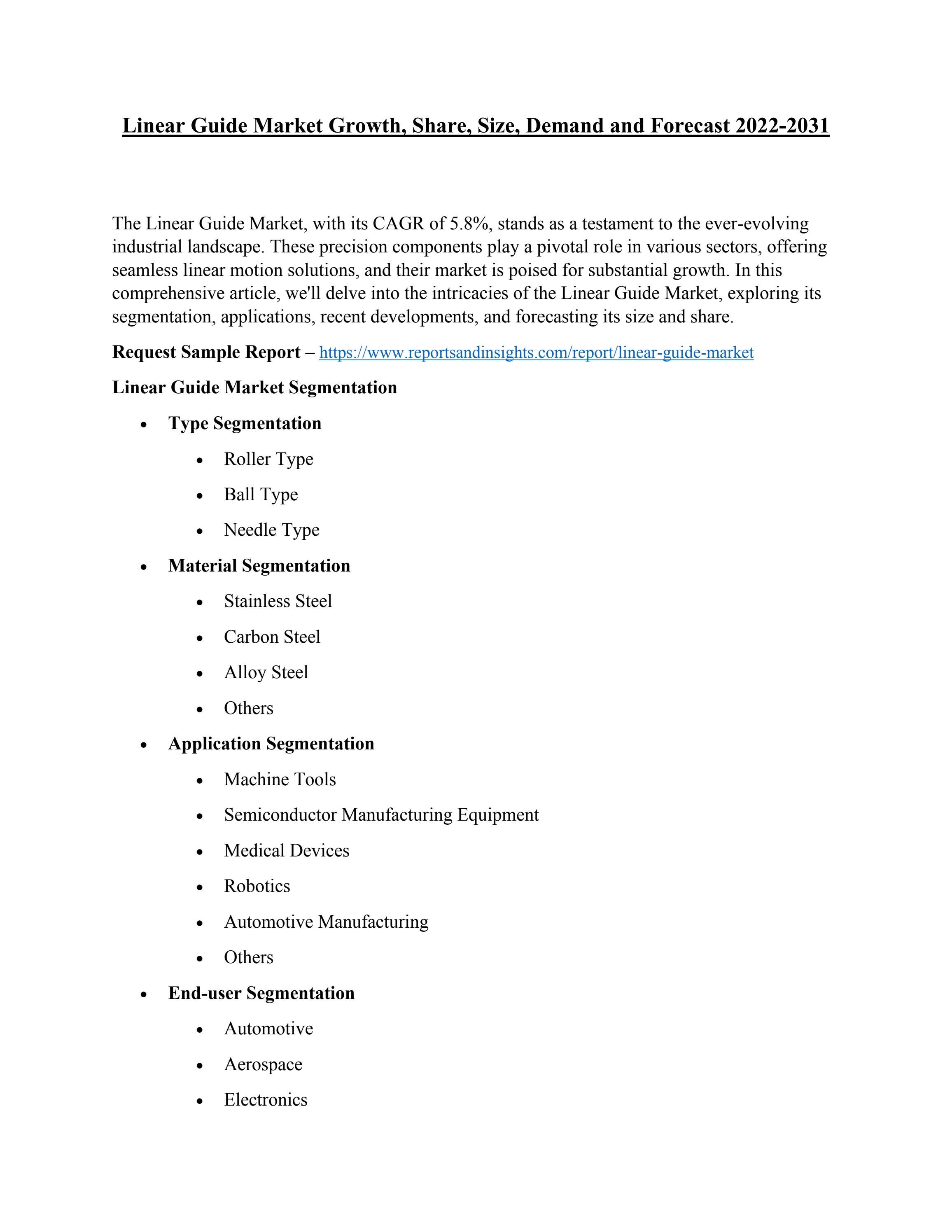 Linear Guide Market Growth, Share, Size, Demand and Forecast 20222031