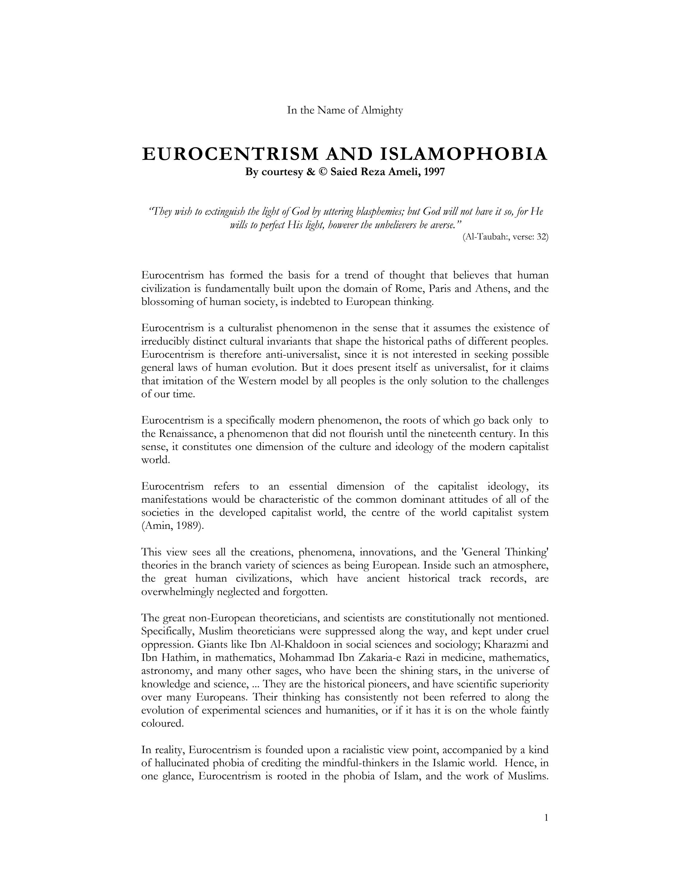 EUROCENTRISM AND ISLAMOPHOBIA by Saied Reza Ameli by Disruptor