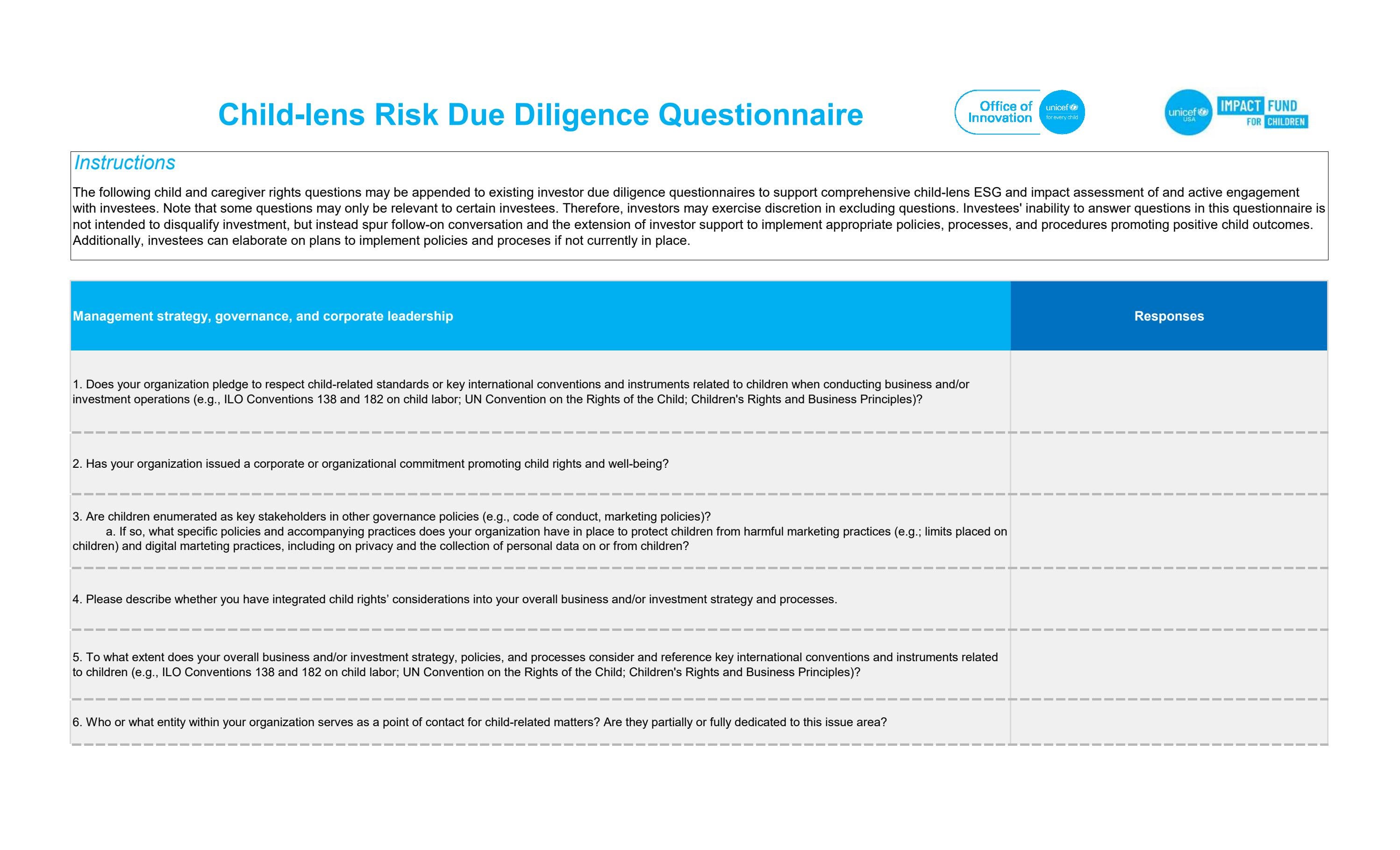 Due Diligence Questionnaire ChildLens Investing Framework by UNICEF