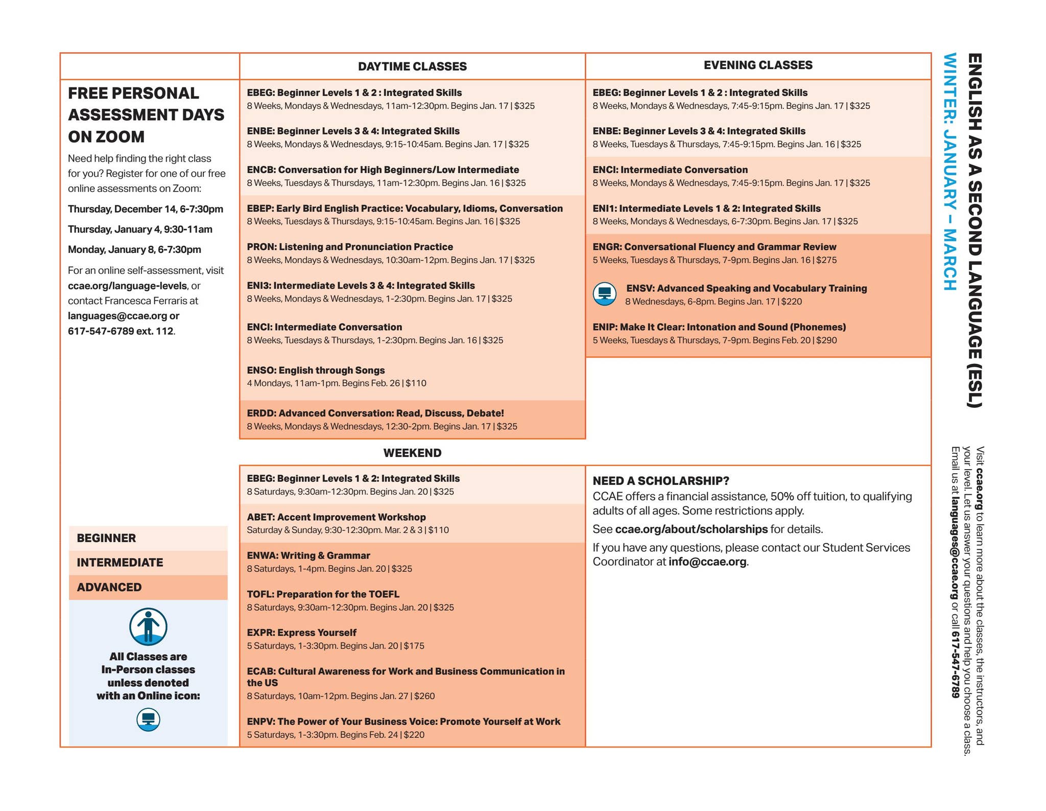 CCAE Winter 2024 ESL Schedule by Cambridge Center for Adult Education