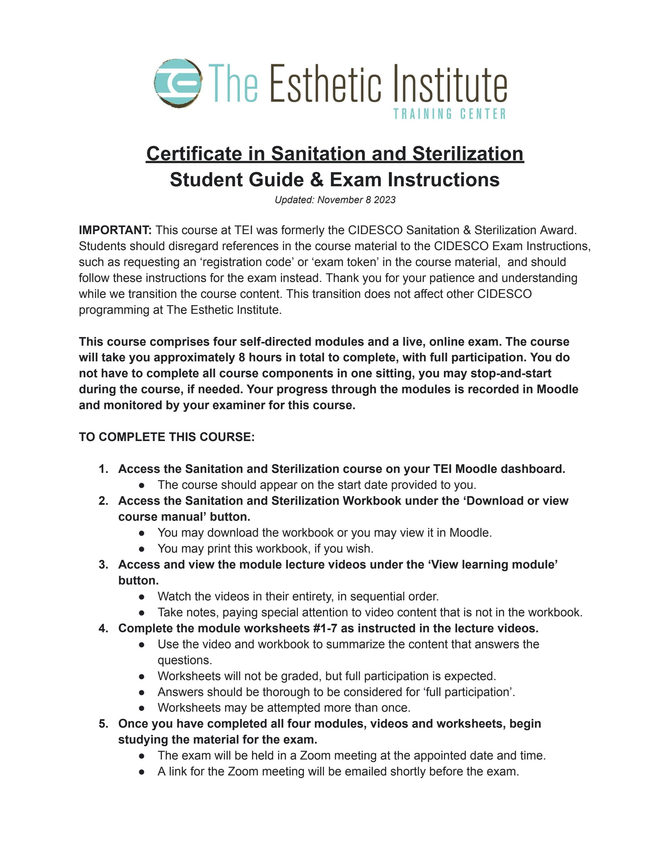 Sanitization & Sterilization Student Guide & Exam