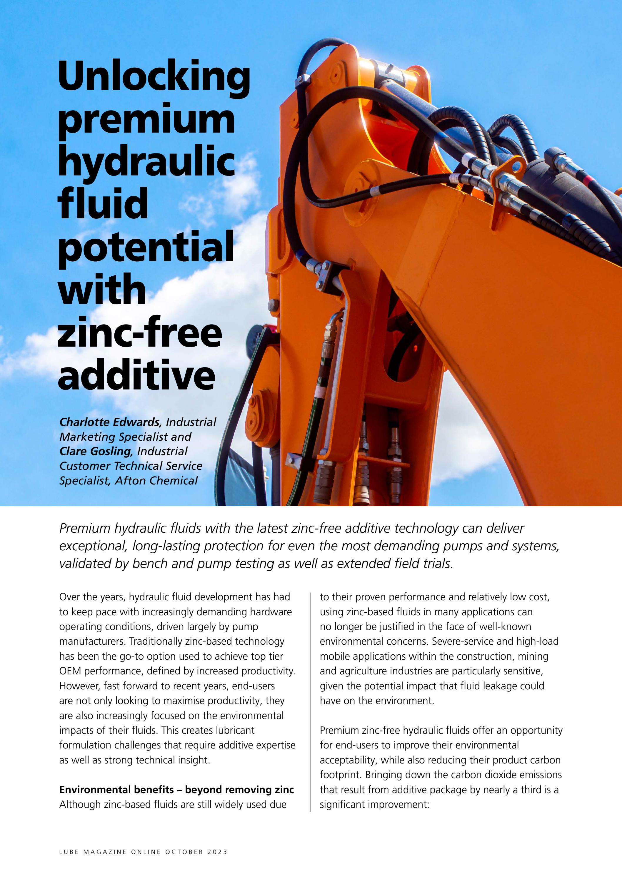 Unlocking premium hydraulic fluid potential with zincfree additive