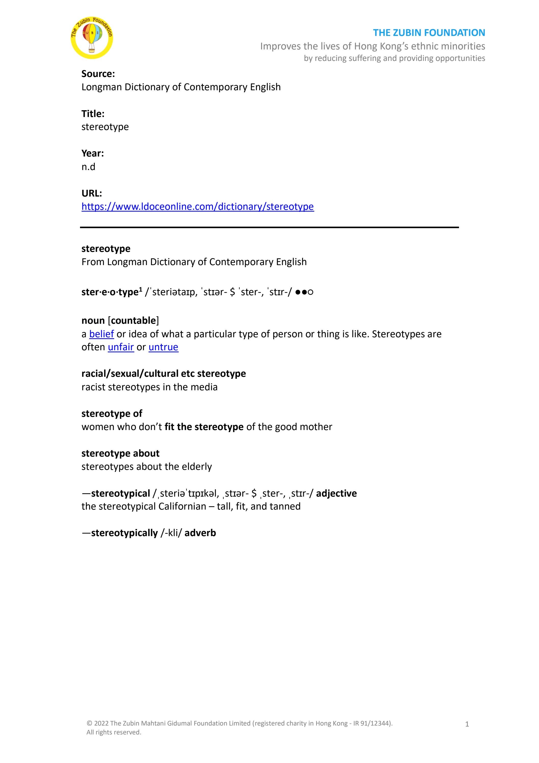 AntiRacism Toolkit References (Ref 3) Stereotype Longman Dictionary