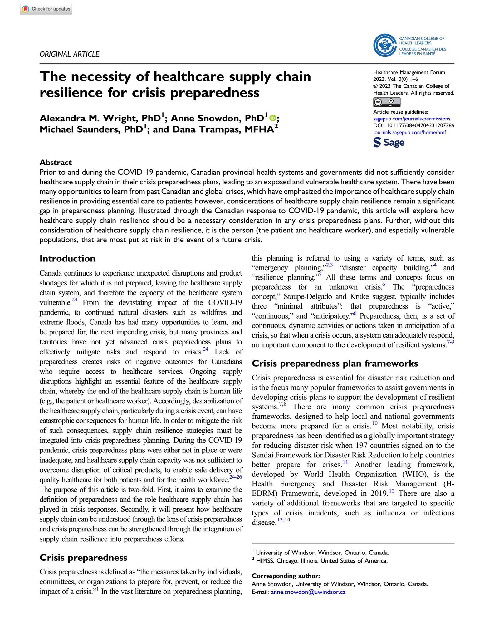 The necessity of healthcare supply chain resilience for crisis ...