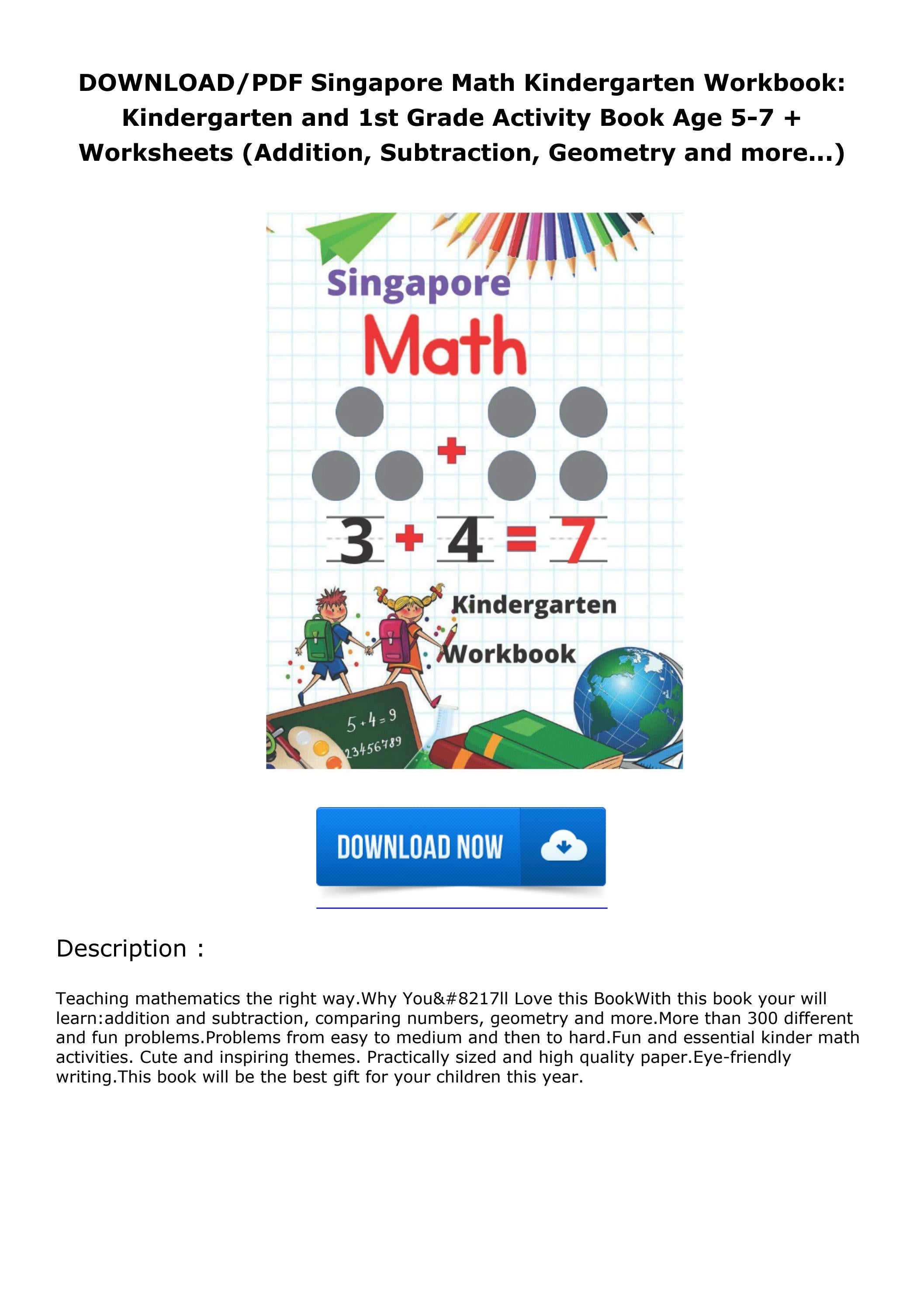 DOWNLOAD/PDF Singapore Math Kindergarten Workbook Kindergarten and 1st