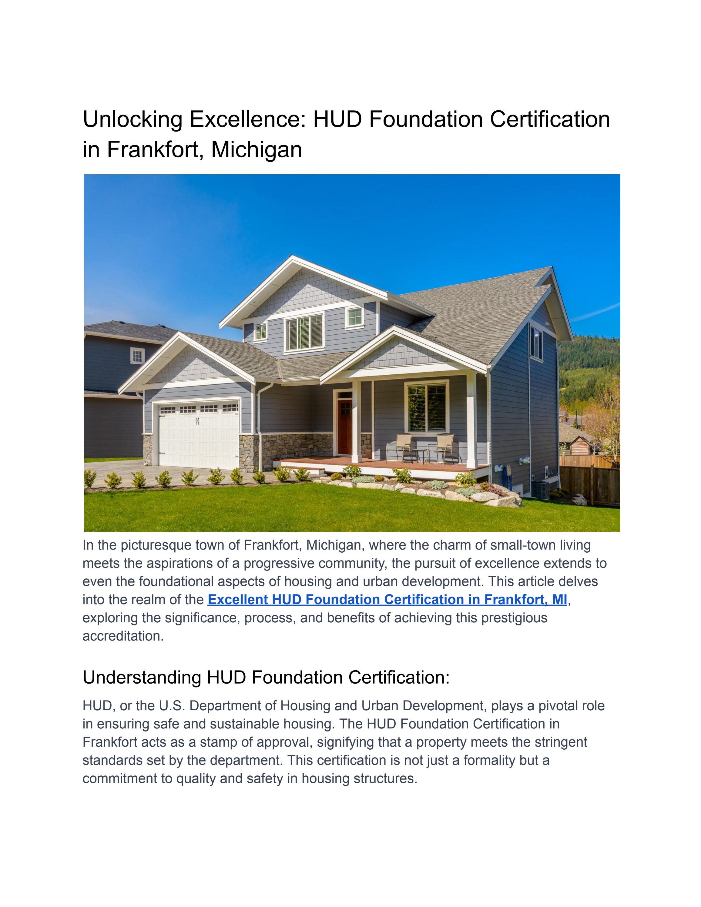 Unlocking Excellence HUD Foundation Certification in Frankfort