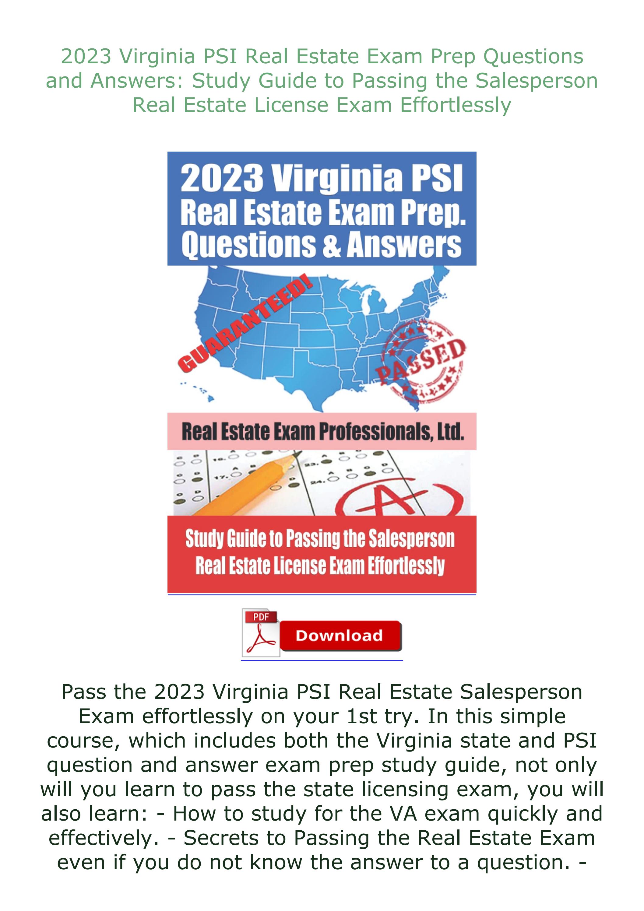 (DOWNLOAD) 2023 Virginia PSI Real Estate Exam Prep Questions and