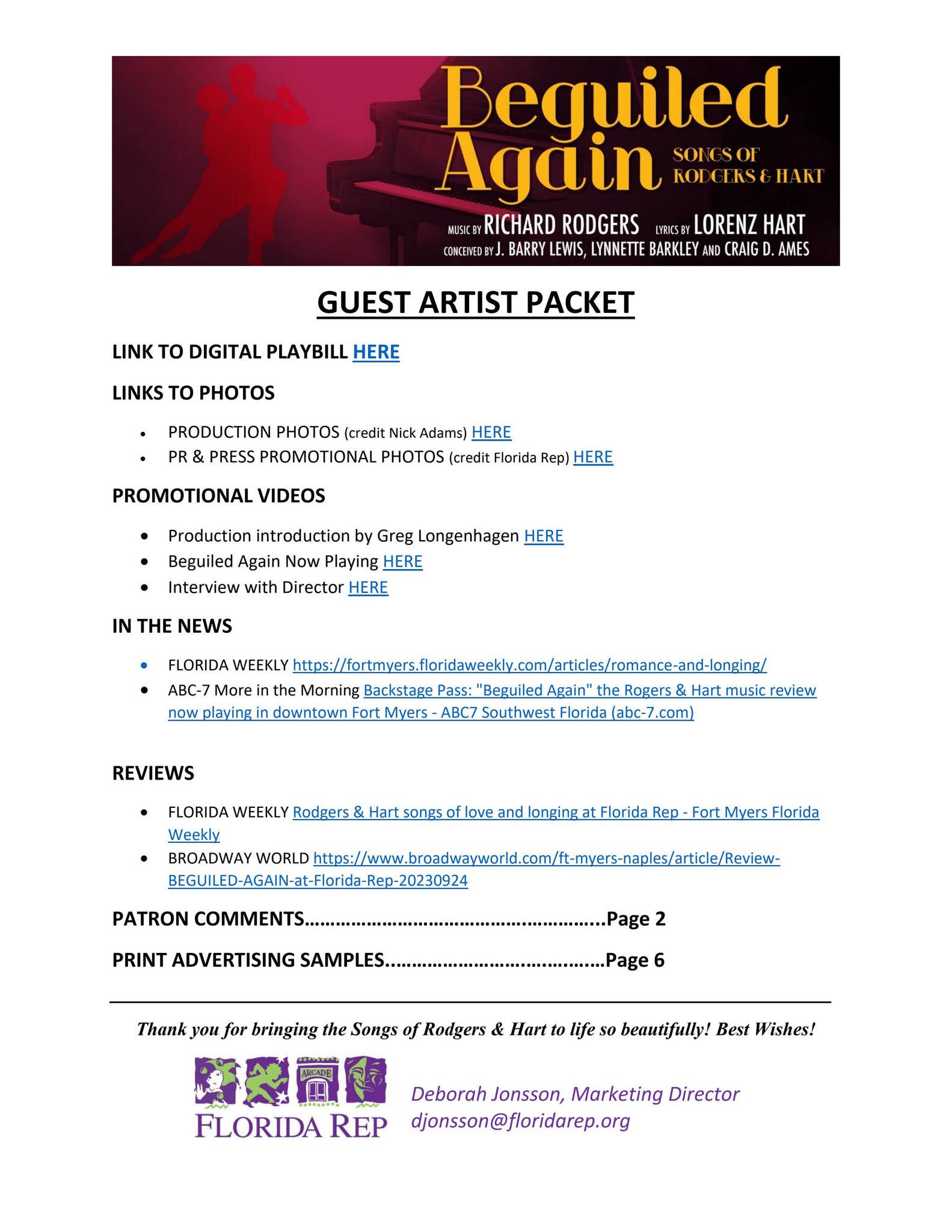 Florida Repertory Theatre | Beguiled Again Guest Artist Pack by Florida ...