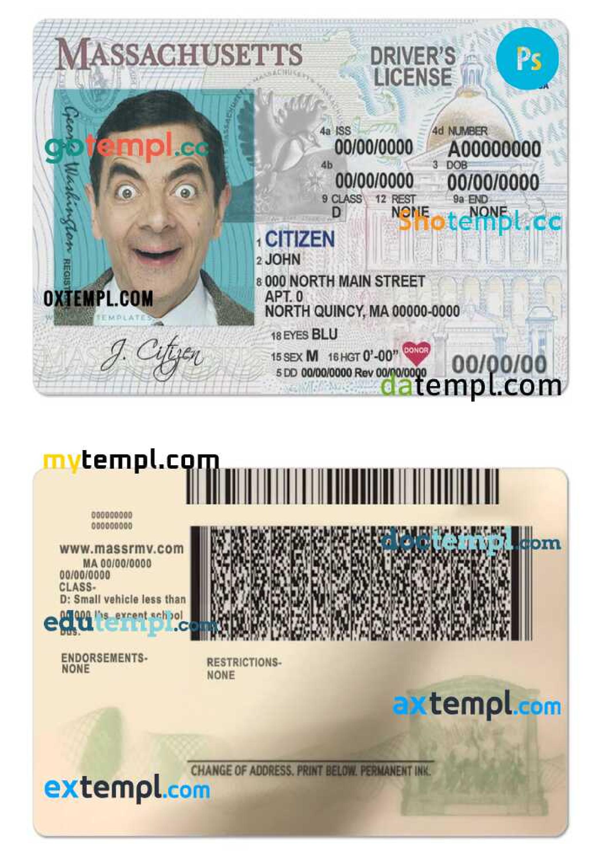 USA Massachusetts driving license template in PSD format, with the ...