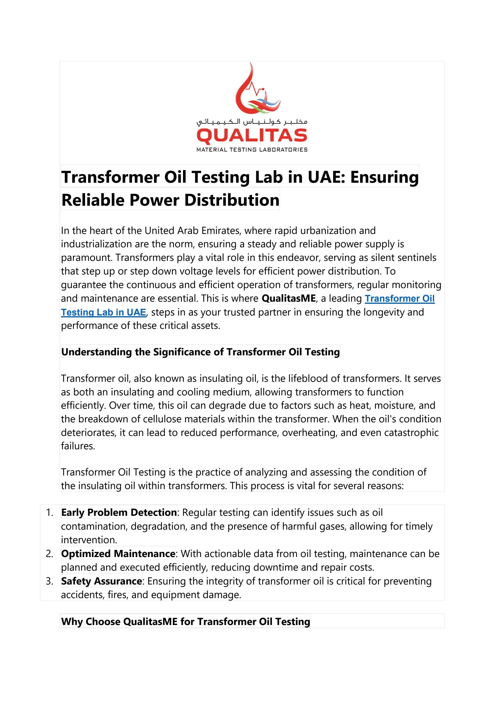 Transformer Oil Testing Lab in UAE Ensuring Reliable Power