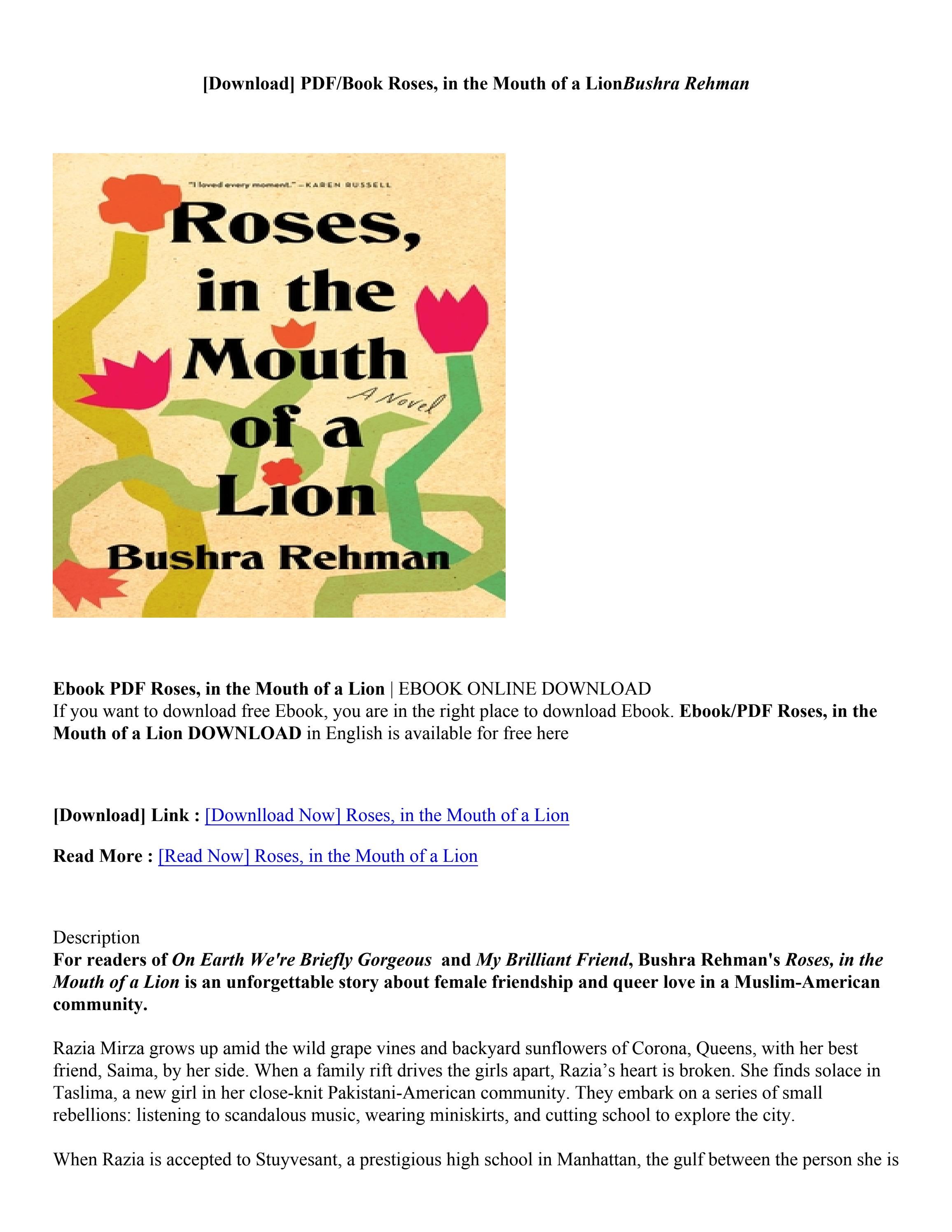 (PDF Download) Roses, in the Mouth of a Lion By Bushra Rehman by