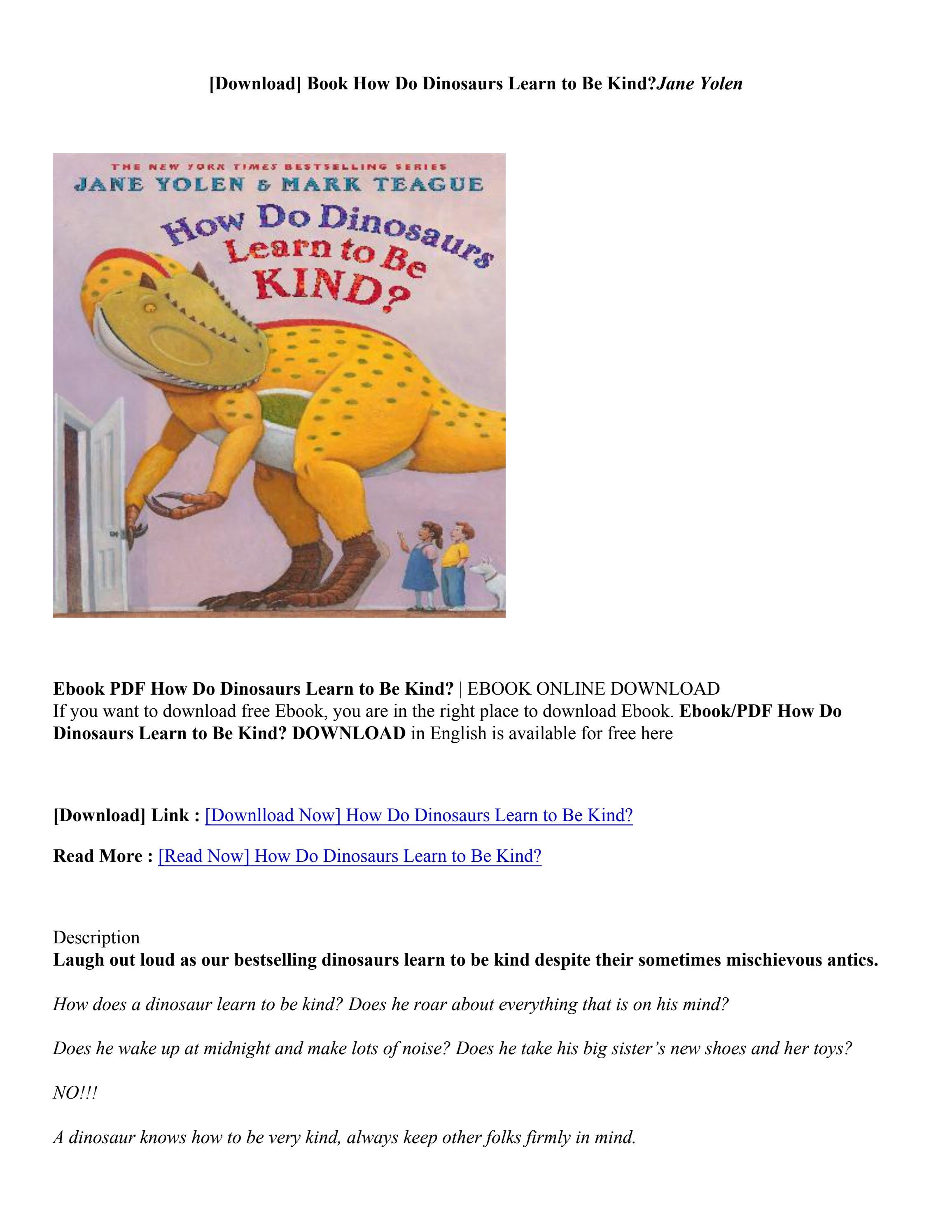 (PDF) Download How Do Dinosaurs Learn to Be Kind? By Jane Yolen by ...