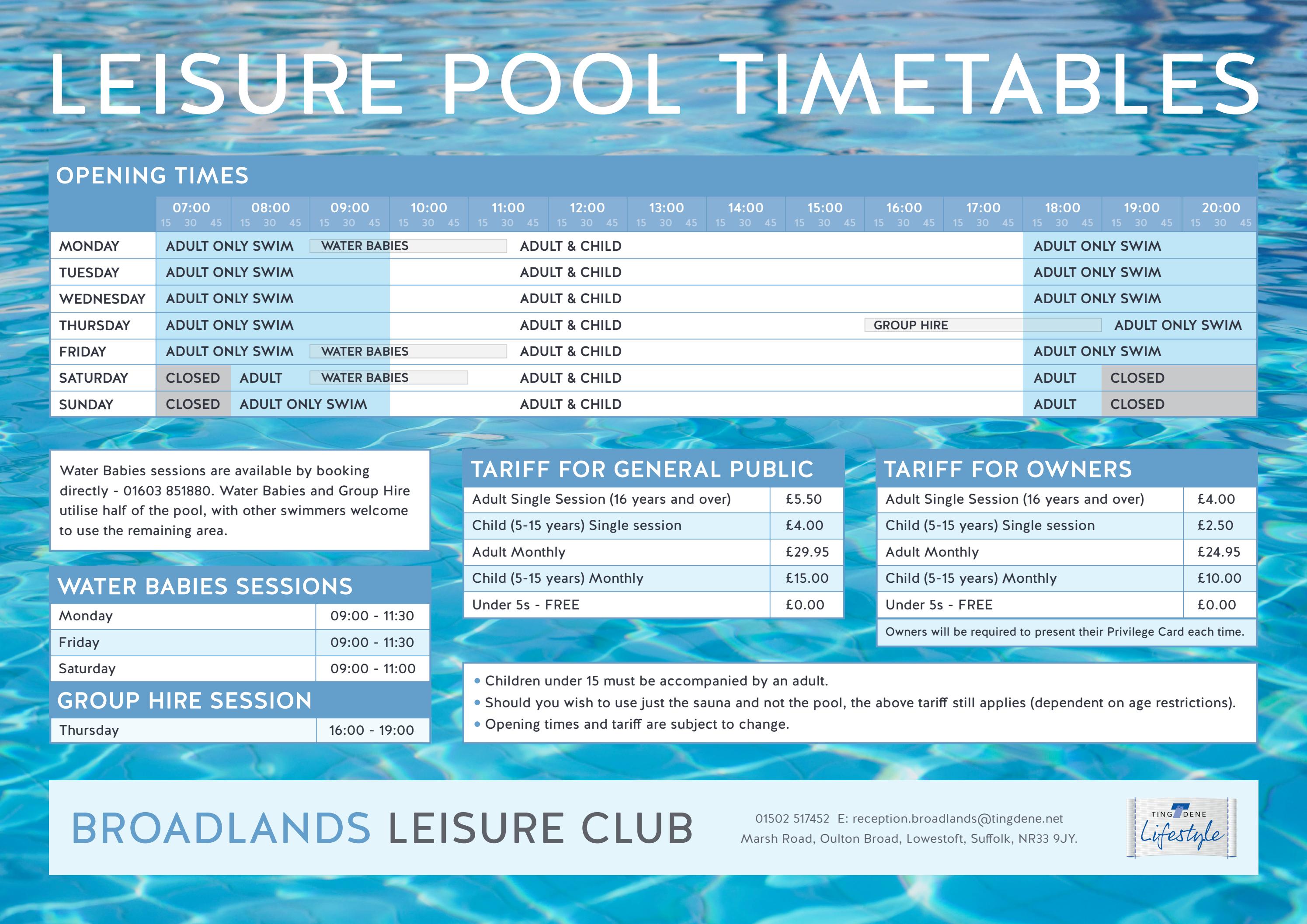 Tingdene Broadlands Park & Marina Swimming Pool Timetable and Tariff by