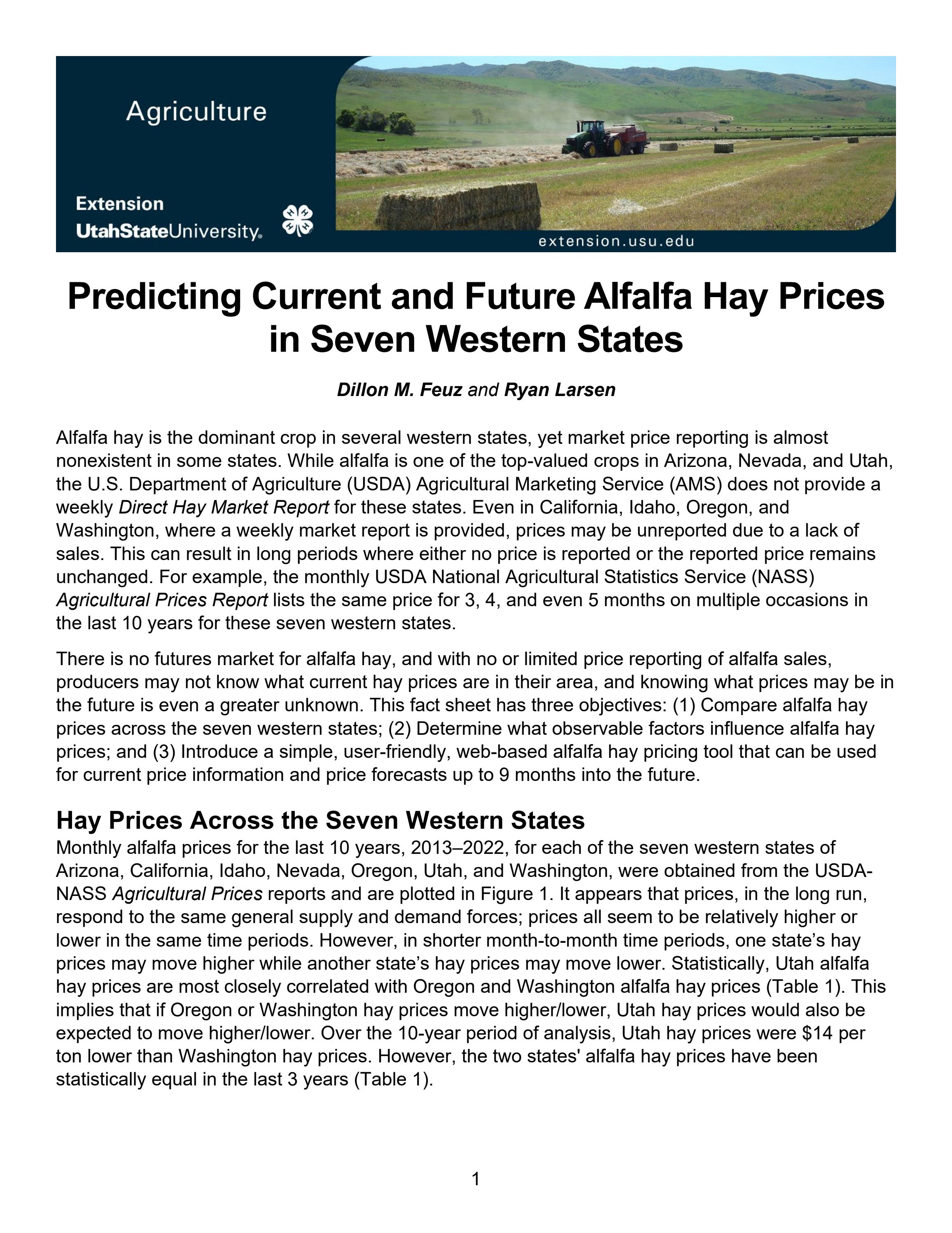Predicting Current and Future Alfalfa Hay Prices in Seven Western