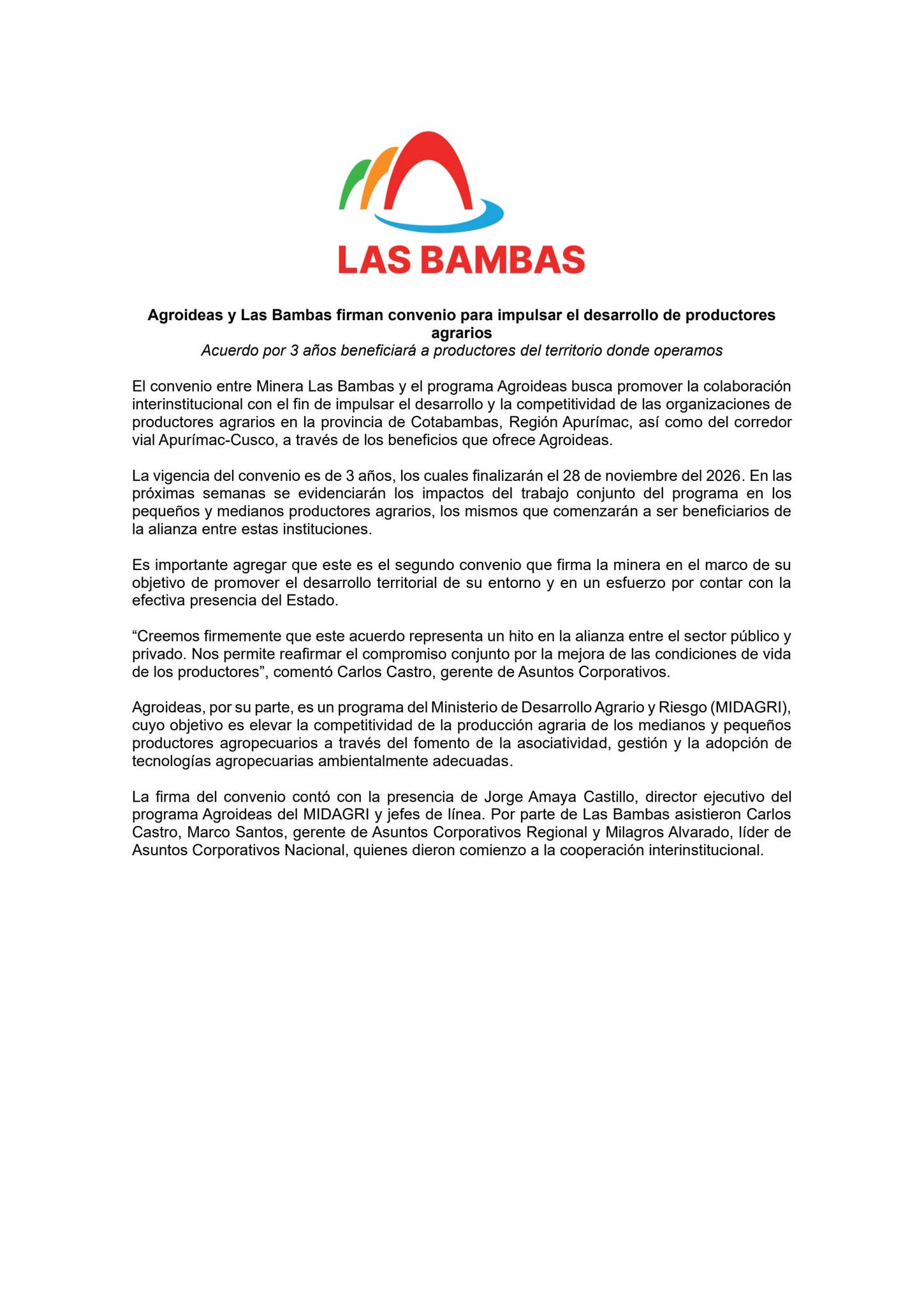 AGROIDEAS Y LAS BAMBAS FIRMAN CONVENIO PARA IMPULSAR EL DESARROLLO DE ...