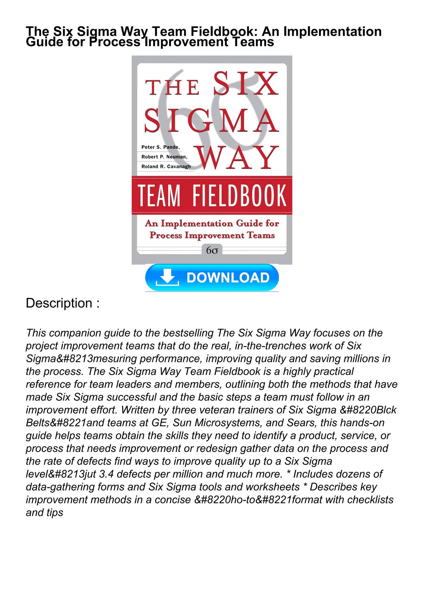 [⚡PDF] Download⭐ The Six Sigma Way Team Fieldbook: An Implementation ...