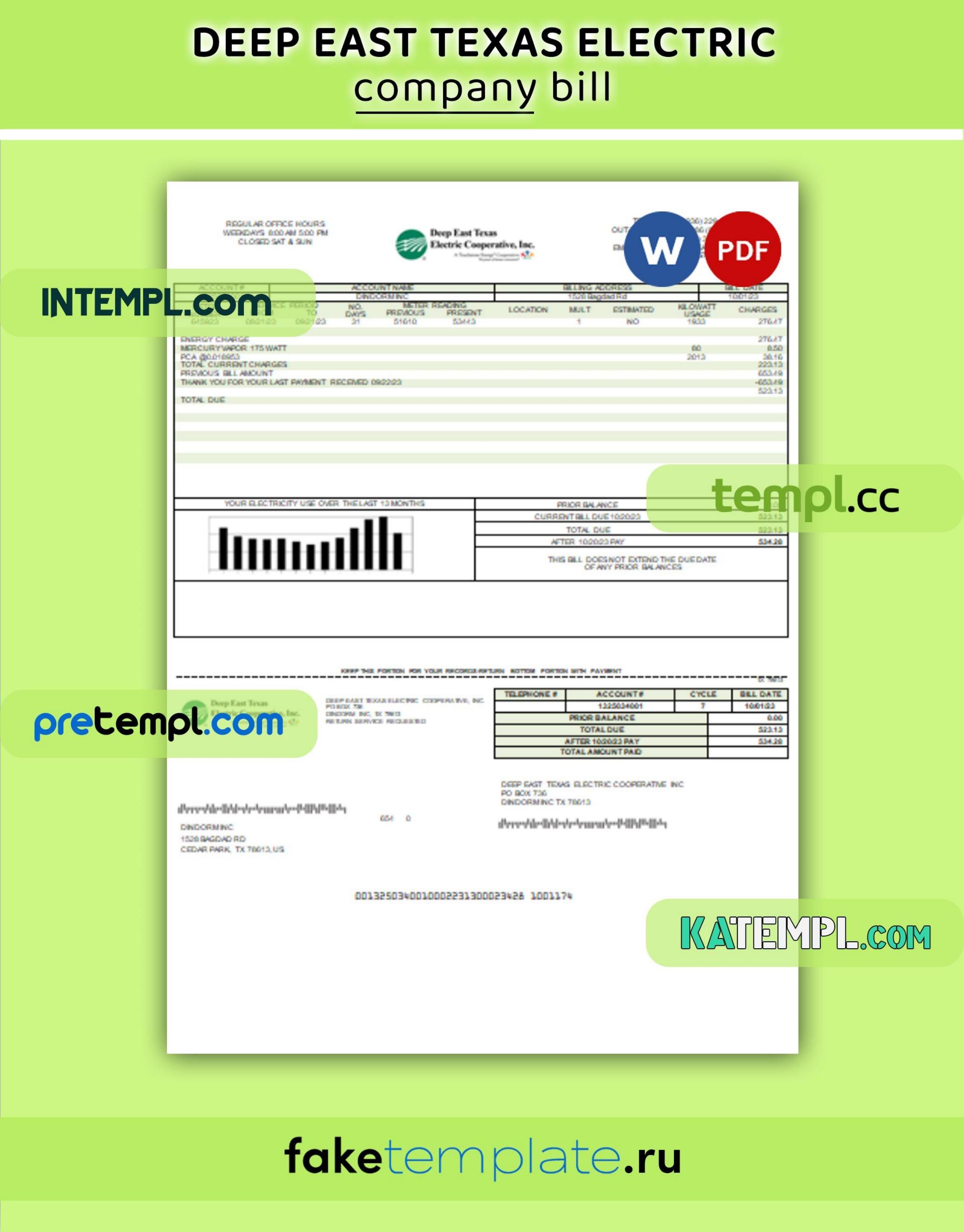 Deep East Texas Electric business utility bill, Word and PDF template