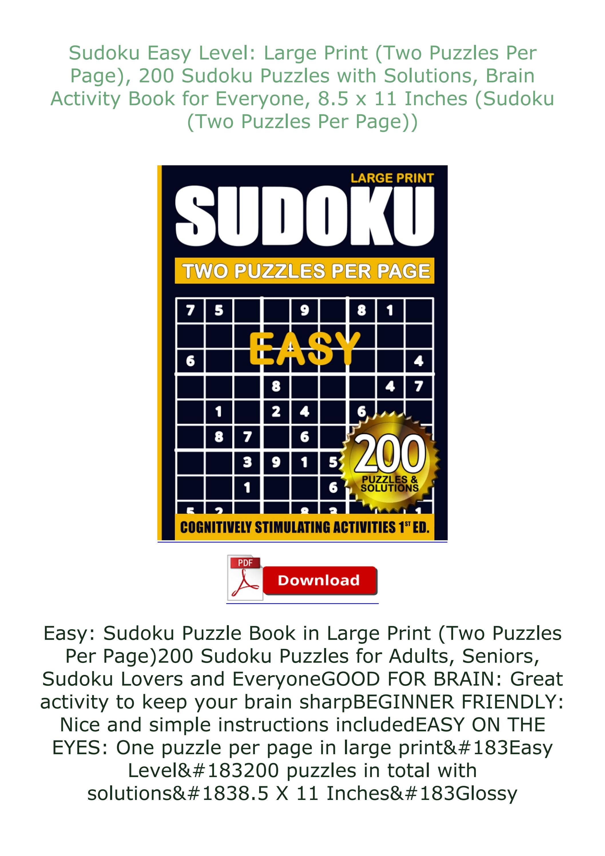 [ PDF] ⚡DOWNLOAD⚡ Sudoku Easy Level: Large Print (Two Puzzles Per Page ...