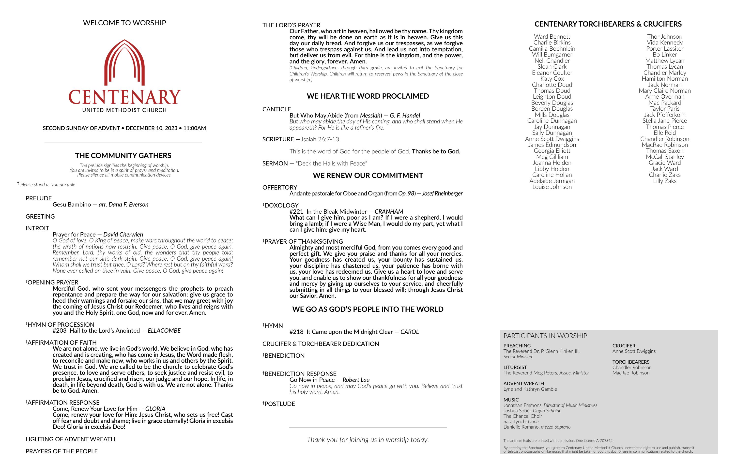 December 10, 2023 • 11am Worship by Centenary United Methodist Church