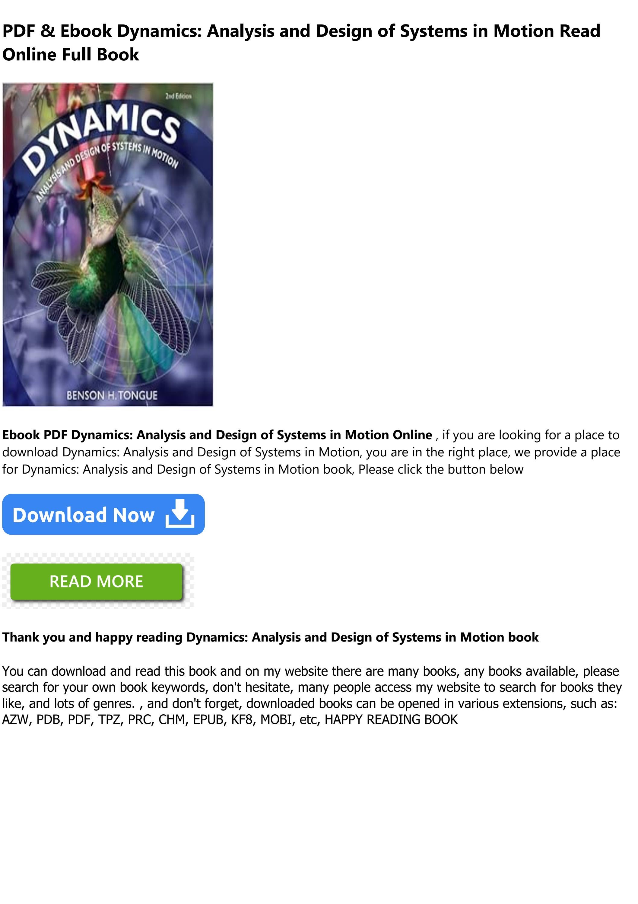 BEST PDF Dynamics Analysis and Design of Systems in Motion [Full] by