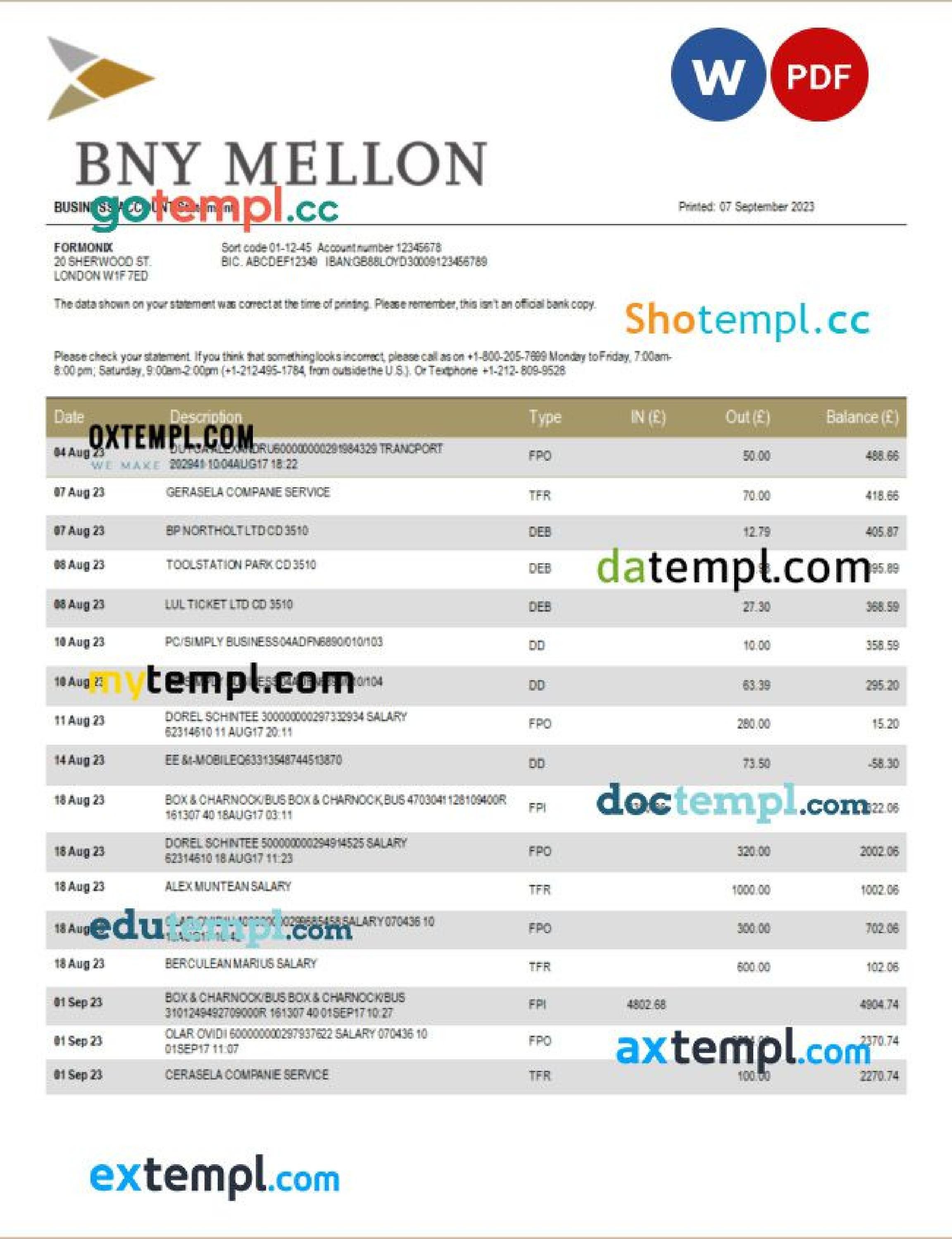 BNY Mellon Bank company checking account statement Word and PDF