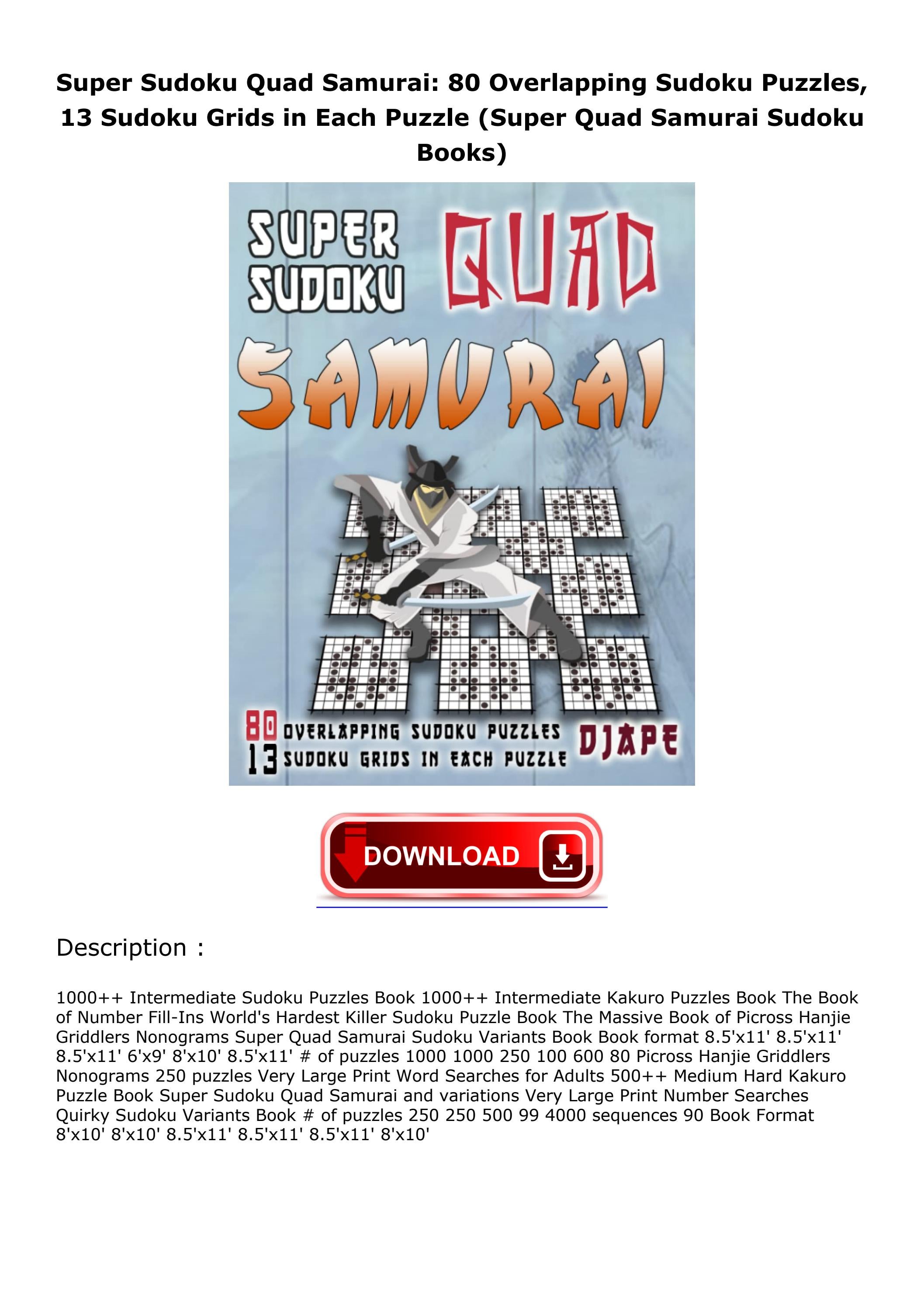 READ/DOWNLOAD Super Sudoku Quad Samurai 80 Overlapping Sudoku Puzzles