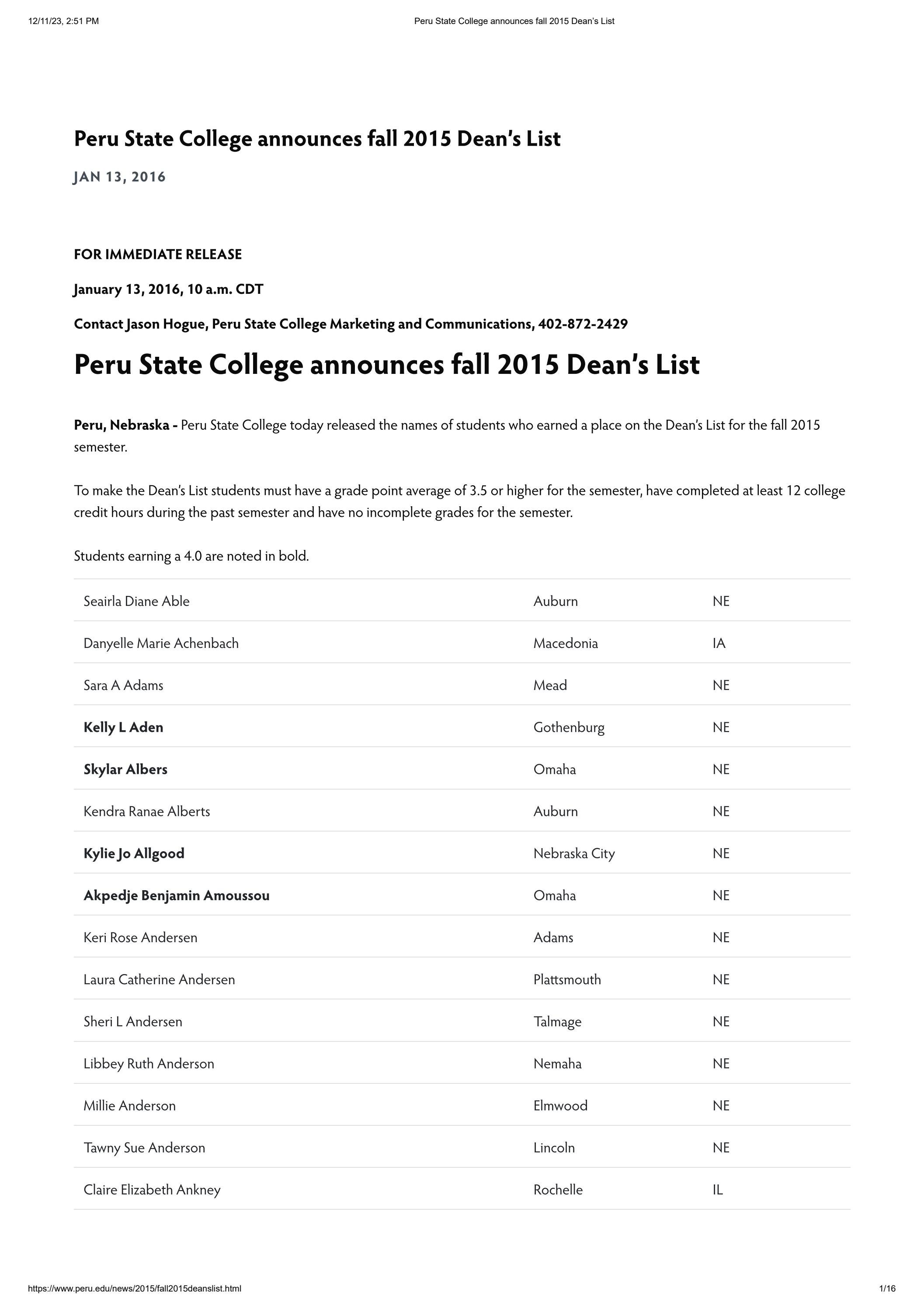 2015 Peru State College Online Press Releases by Peru State College