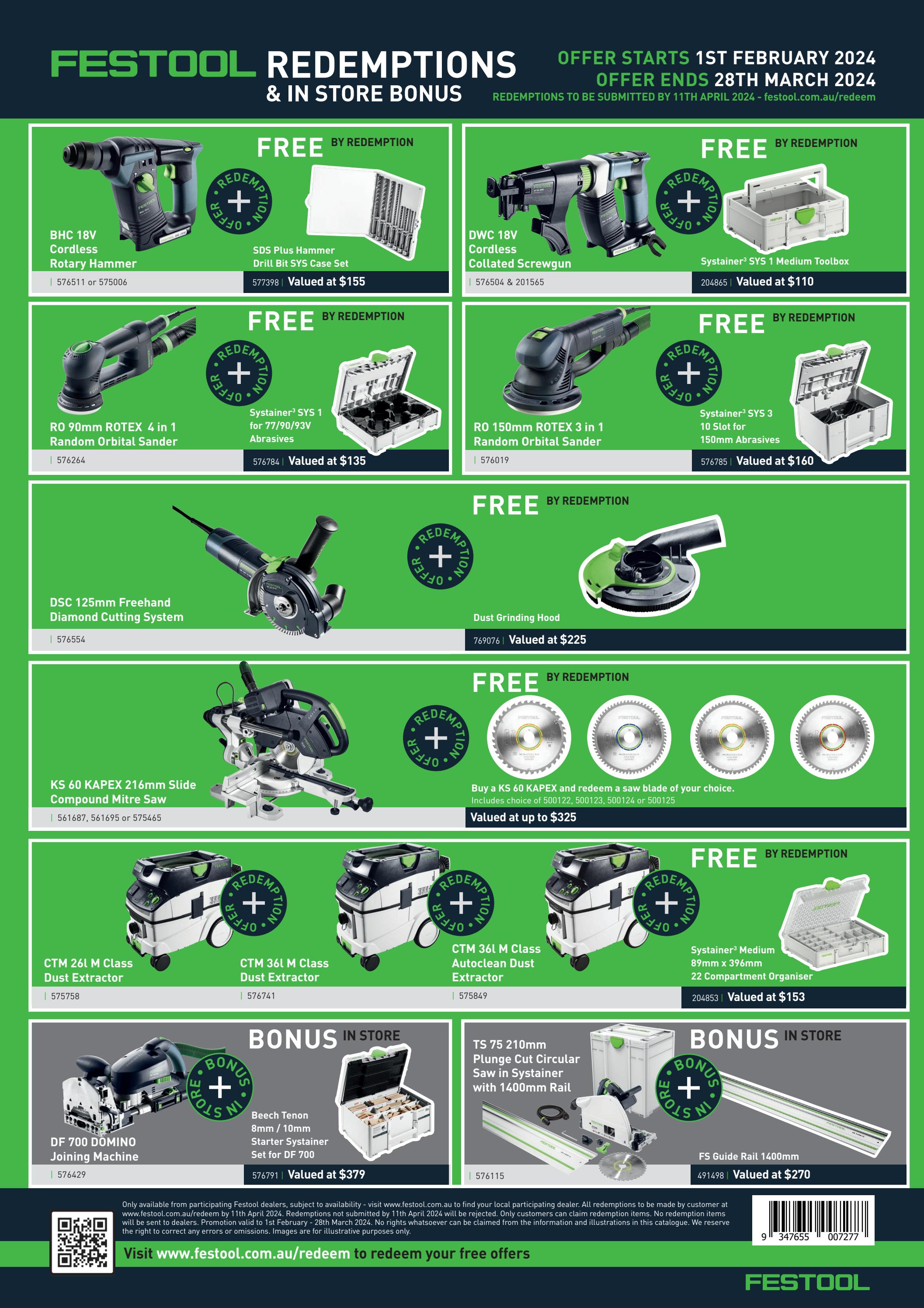 Festool FEB MAR Redemption & In Store Bonus Offers by festool